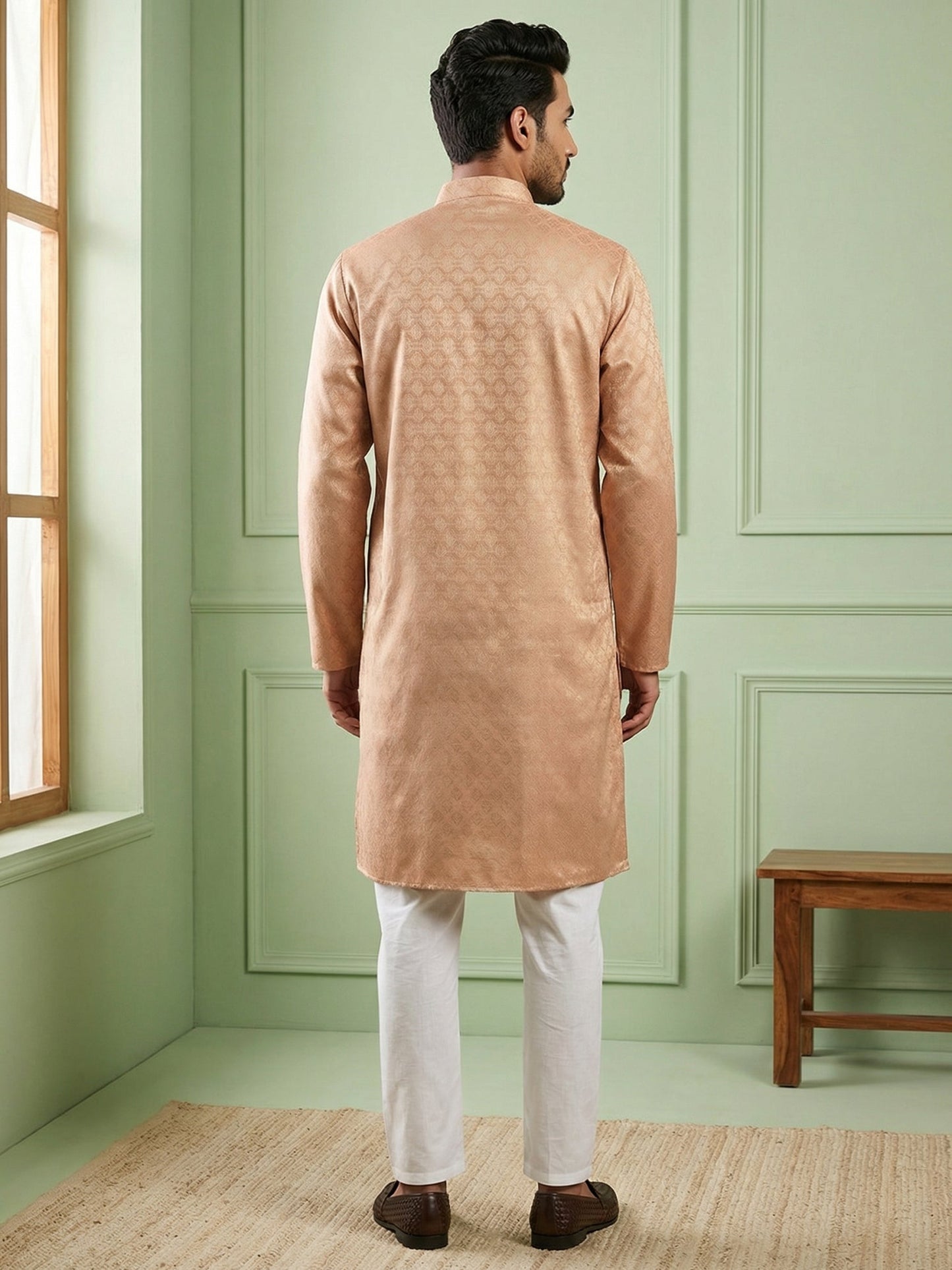 Woven Design Cotton Jacquard Kurta Set ( 65KP P 5521Peach ) [FF] [P-10]