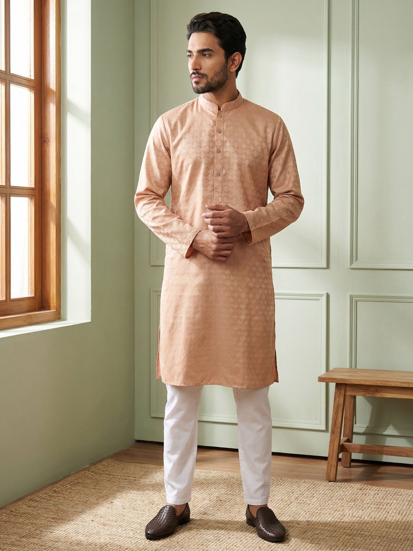 Woven Design Cotton Jacquard Kurta Set ( 65KP P 5521Peach ) [FF] [P-10]