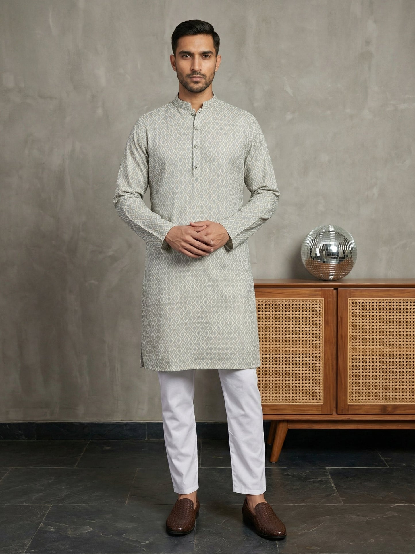 Foil Printed Cotton Blend Kurta Pyjama Set ( 65KP P 5523Off-White ) [FF] [A-14]