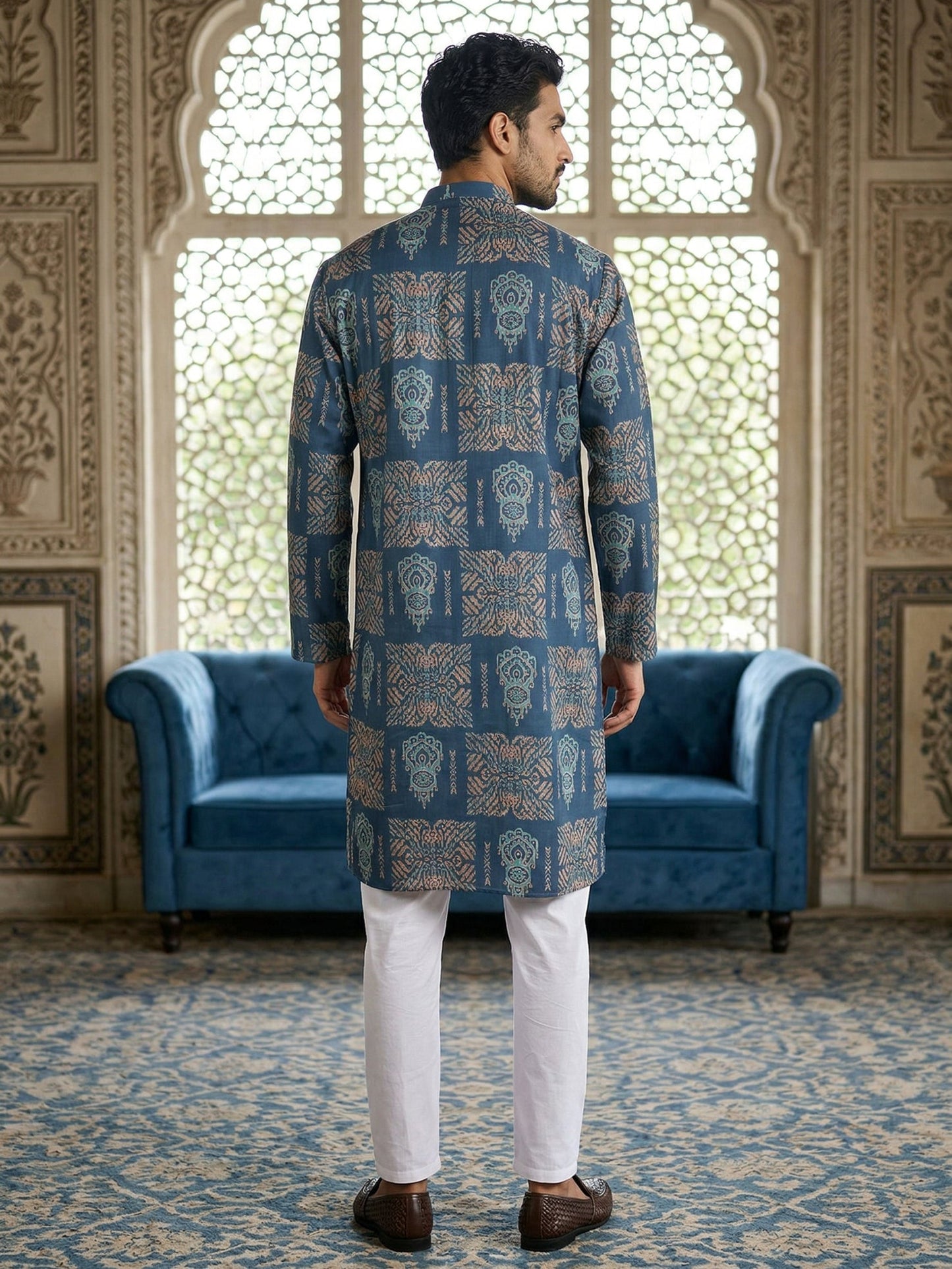Abstract Floral Printed Kurta Pyjama Set ( 65KP P 5524Blue )
