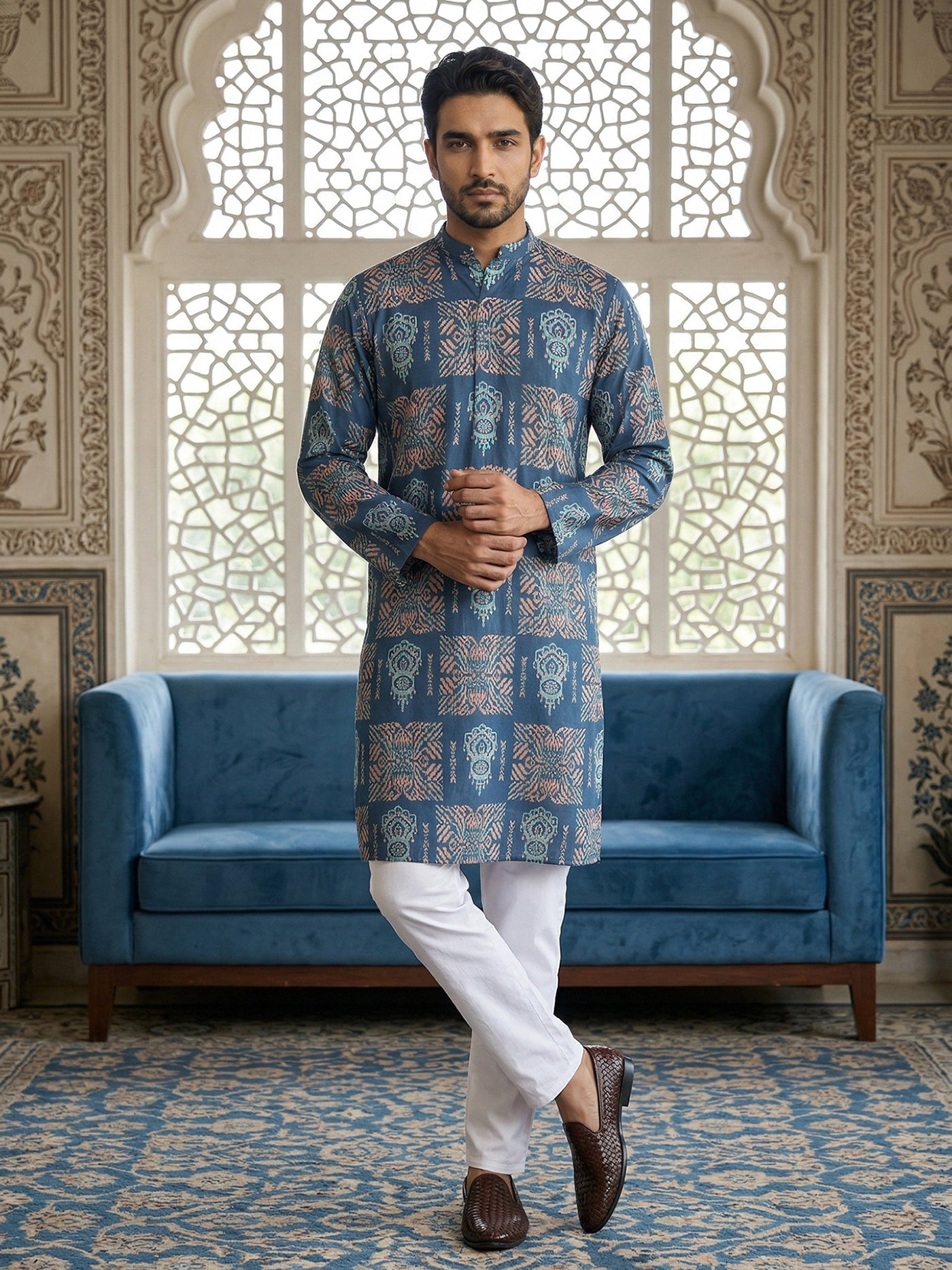 Abstract Floral Printed Kurta Pyjama Set ( 65KP P 5524Blue )