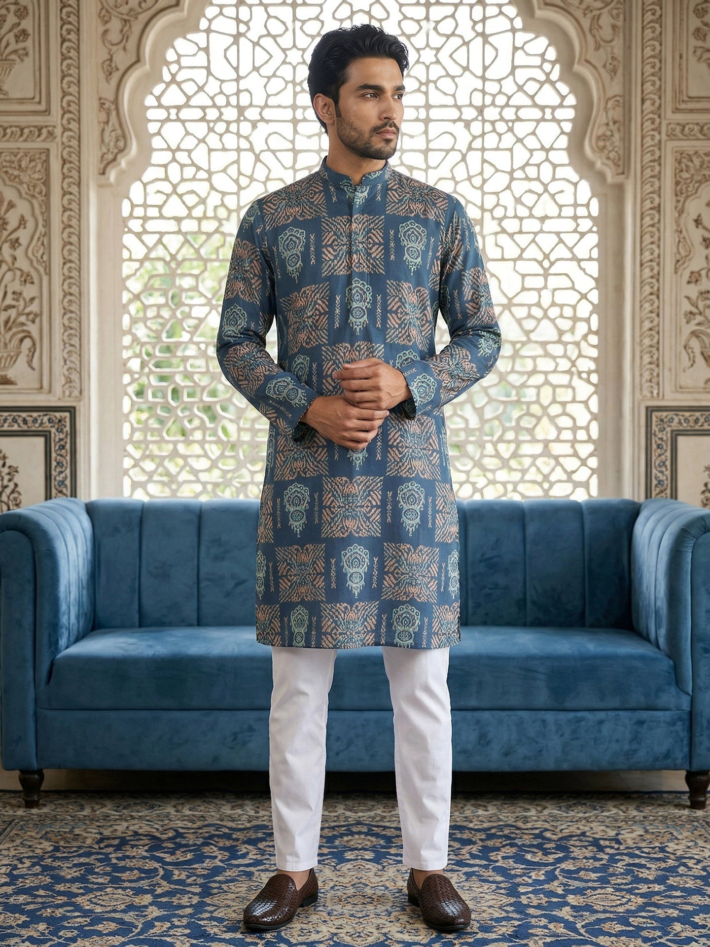 Abstract Floral Printed Kurta Pyjama Set ( 65KP P 5524Blue )