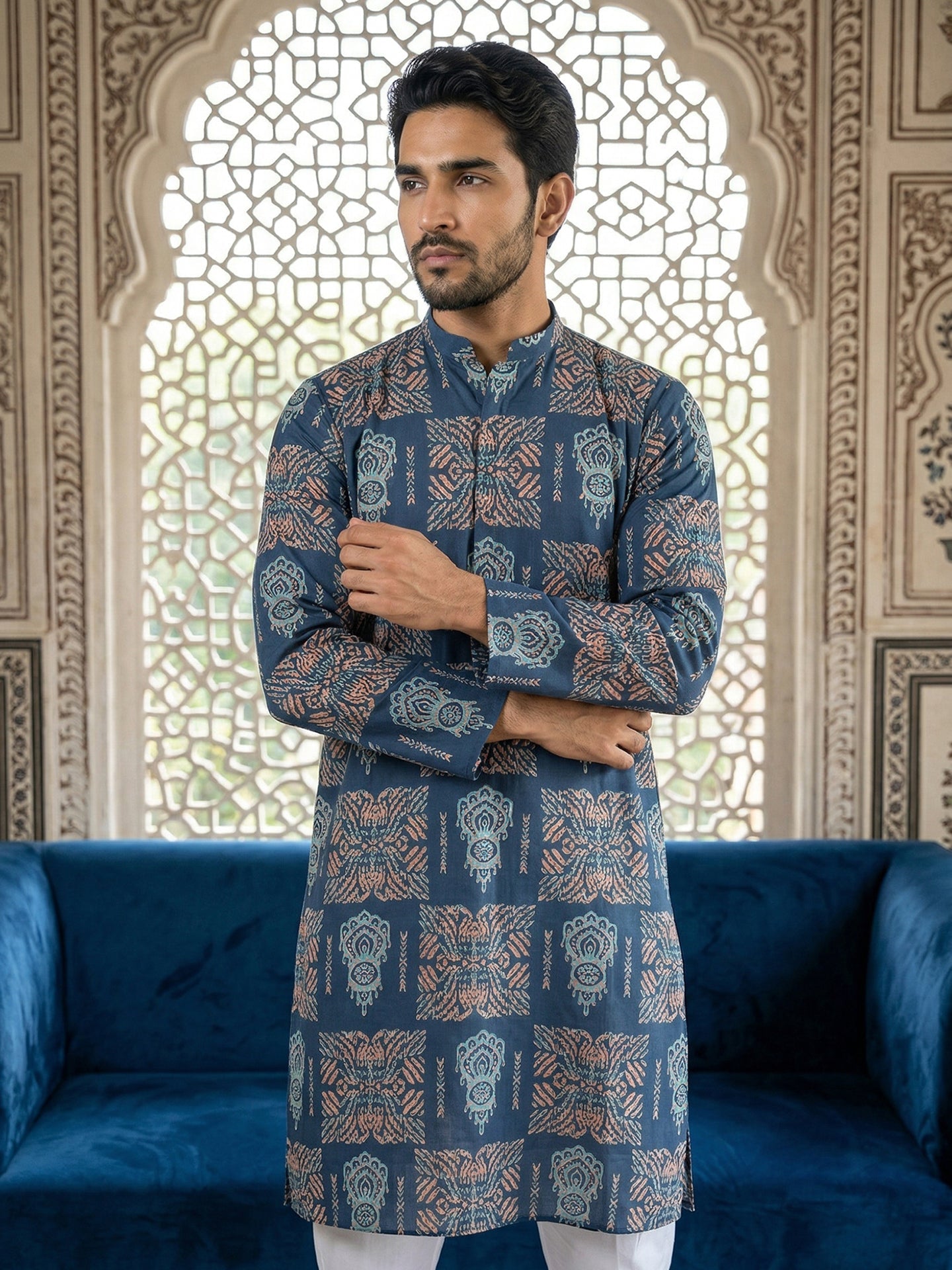 Abstract Floral Printed Kurta Pyjama Set ( 65KP P 5524Blue )