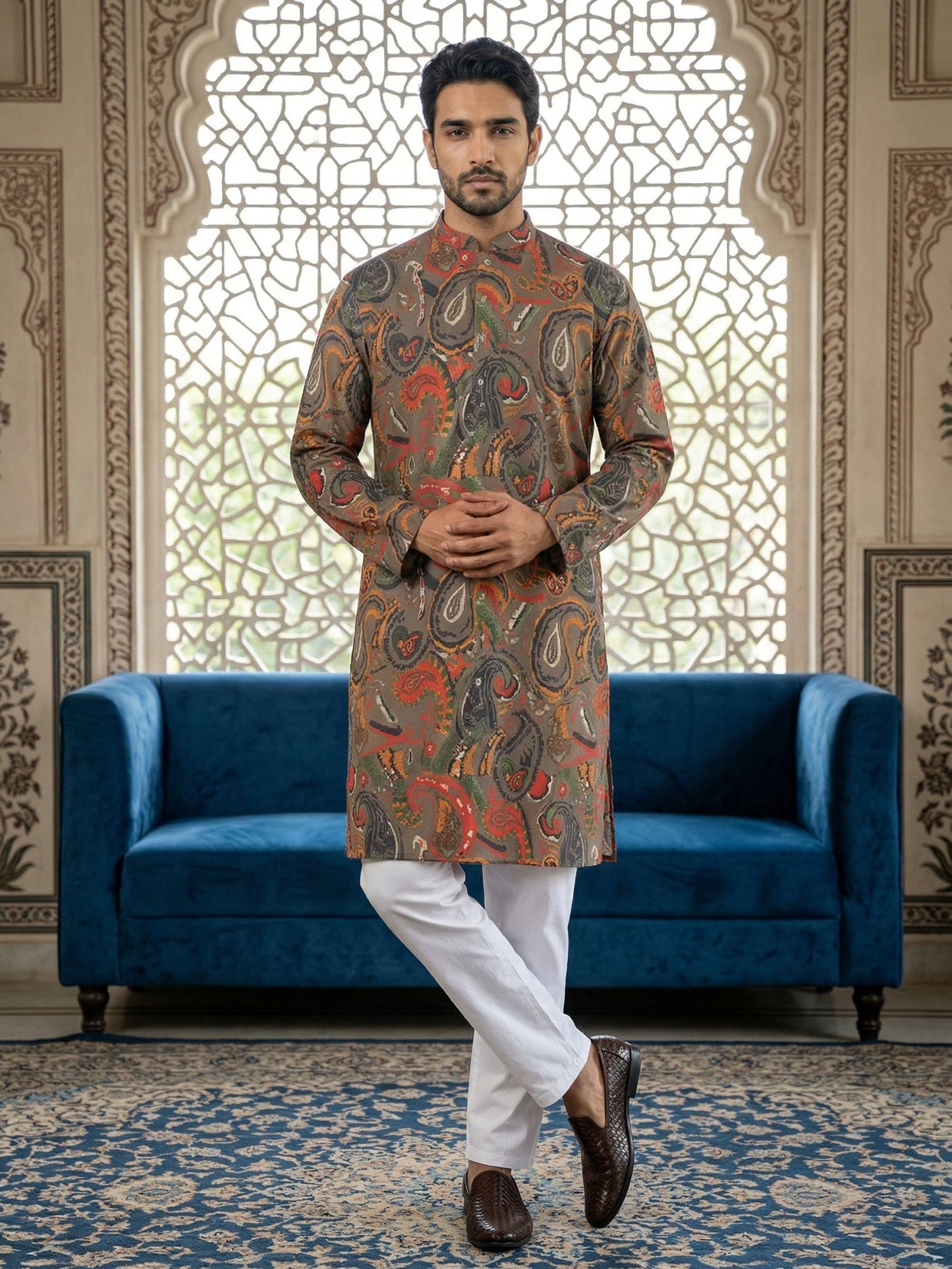 Paisley Printed Kurta Pyjama Set ( 65KP P 5524Brown )