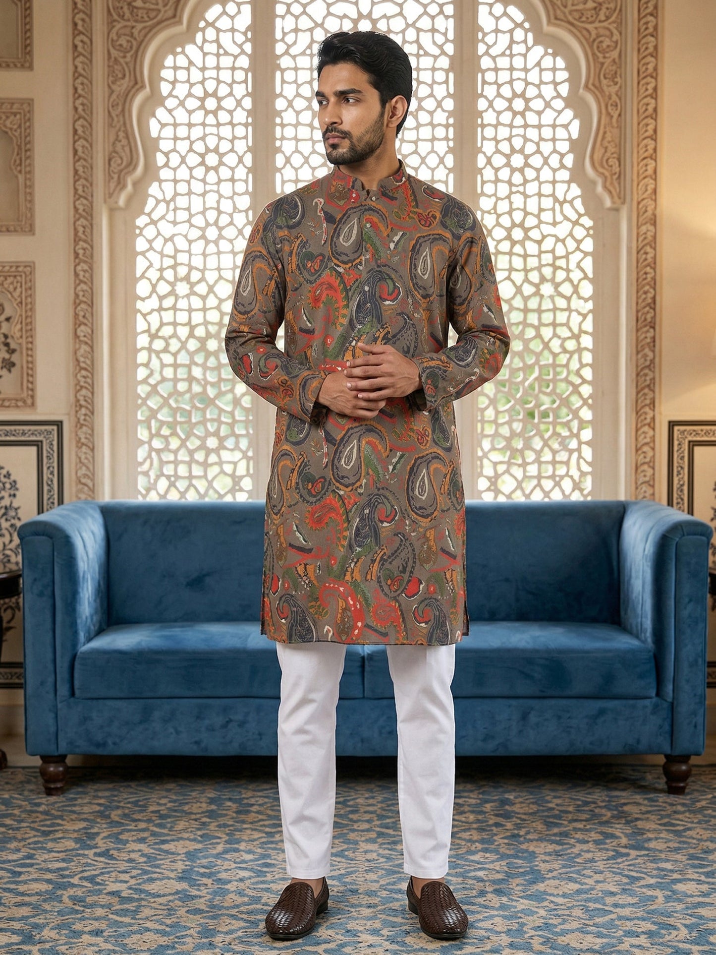 Paisley Printed Kurta Pyjama Set ( 65KP P 5524Brown )