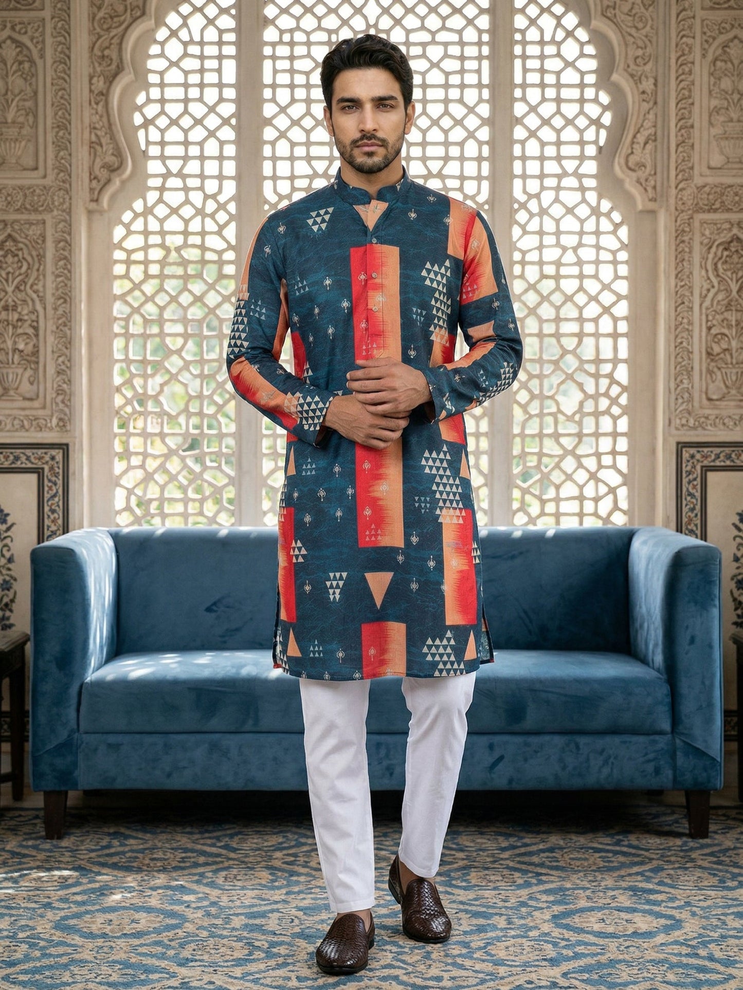 Geometric Printed Kurta Pyjama Set ( 65KP P 5524Navy )