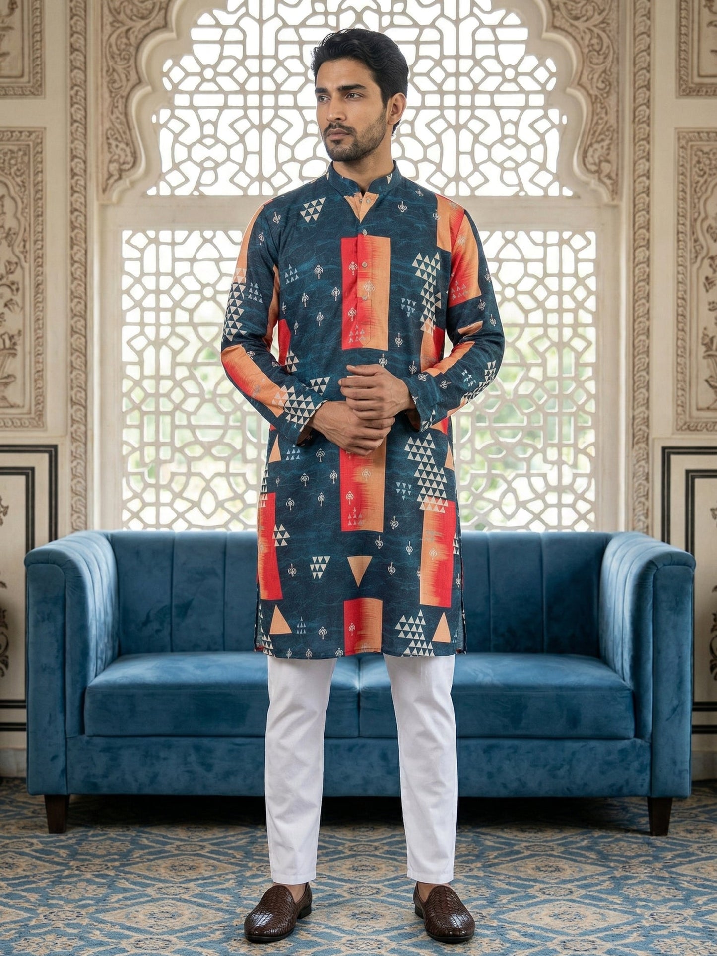 Geometric Printed Kurta Pyjama Set ( 65KP P 5524Navy )