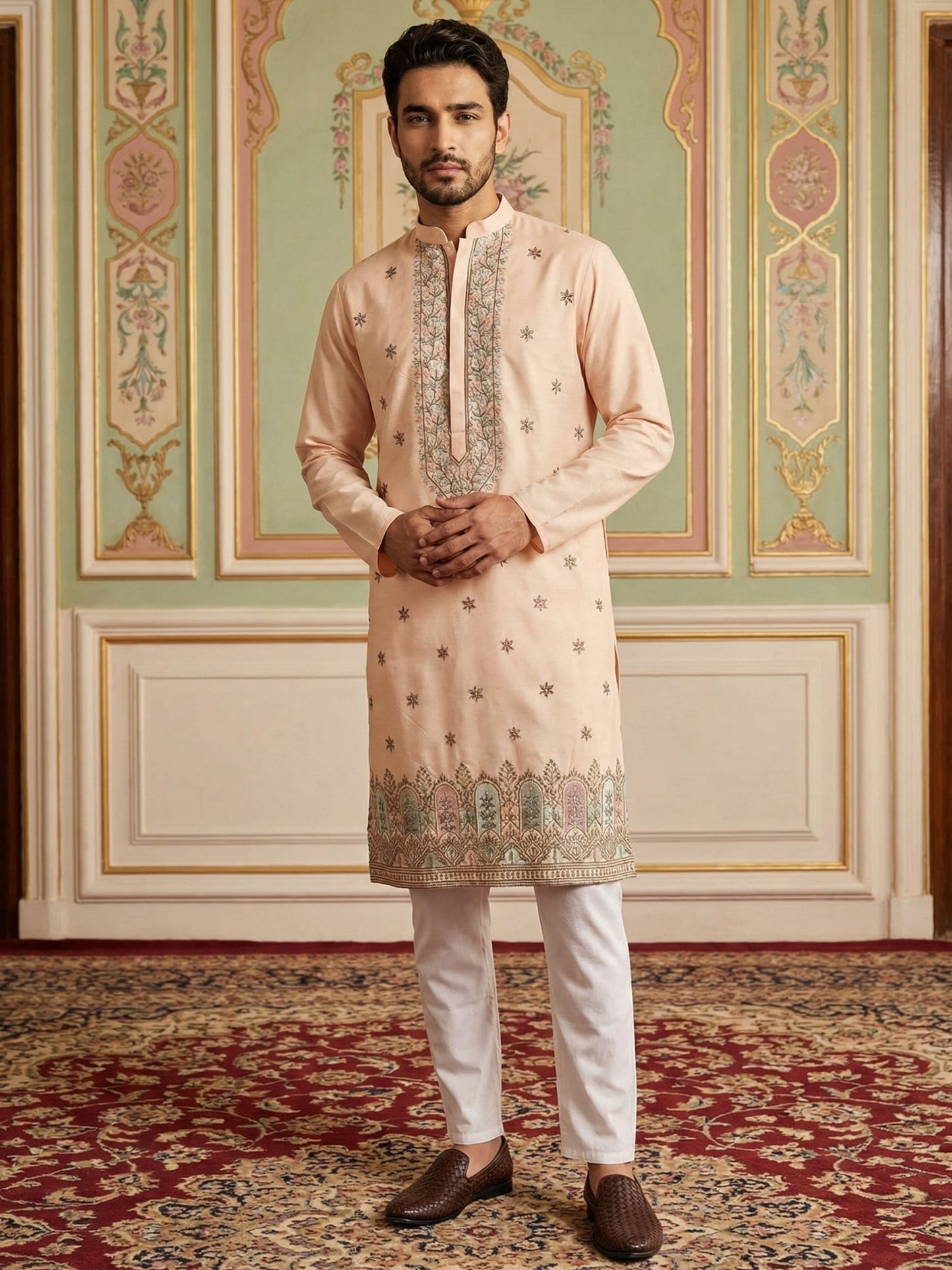 Men Silk Blend Embroidered Kurta Pyjama Set ( 65KP P 5525Peach )