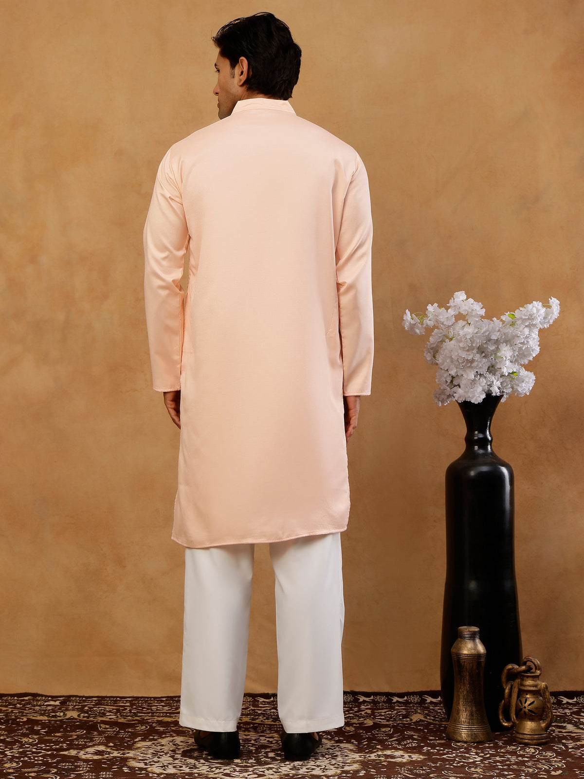 Men Silk Blend Embroidered Kurta with korean Pants ( 65KP PJ11W S 5525 Peach )