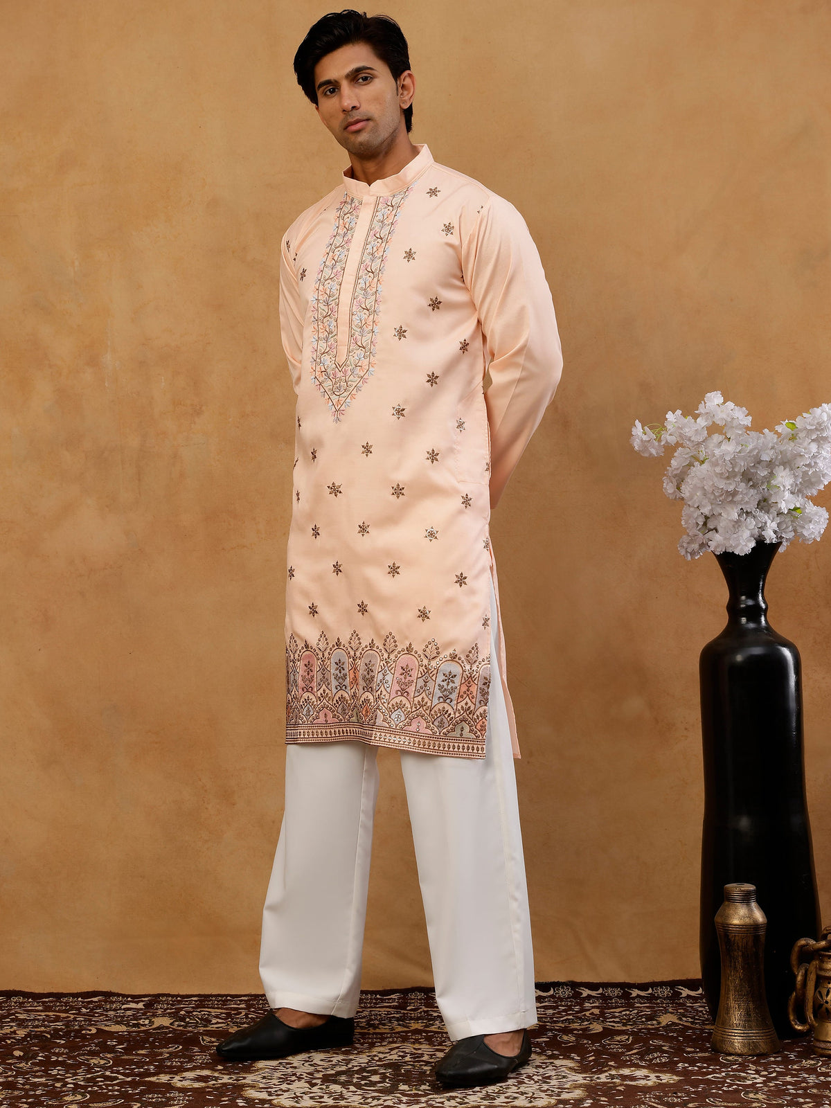 Men Silk Blend Embroidered Kurta with korean Pants ( 65KP PJ11W S 5525 Peach )