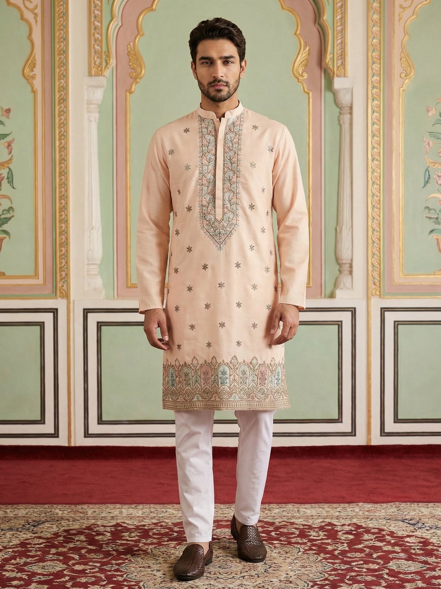 Men Silk Blend Embroidered Kurta Pyjama Set ( 65KP P 5525Peach )