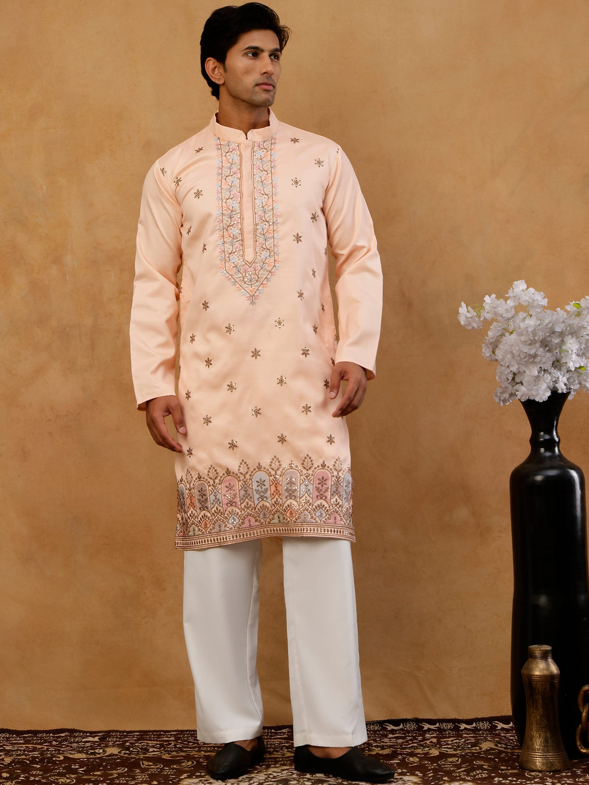 Men Silk Blend Embroidered Kurta with korean Pants ( 65KP PJ11W S 5525 Peach )