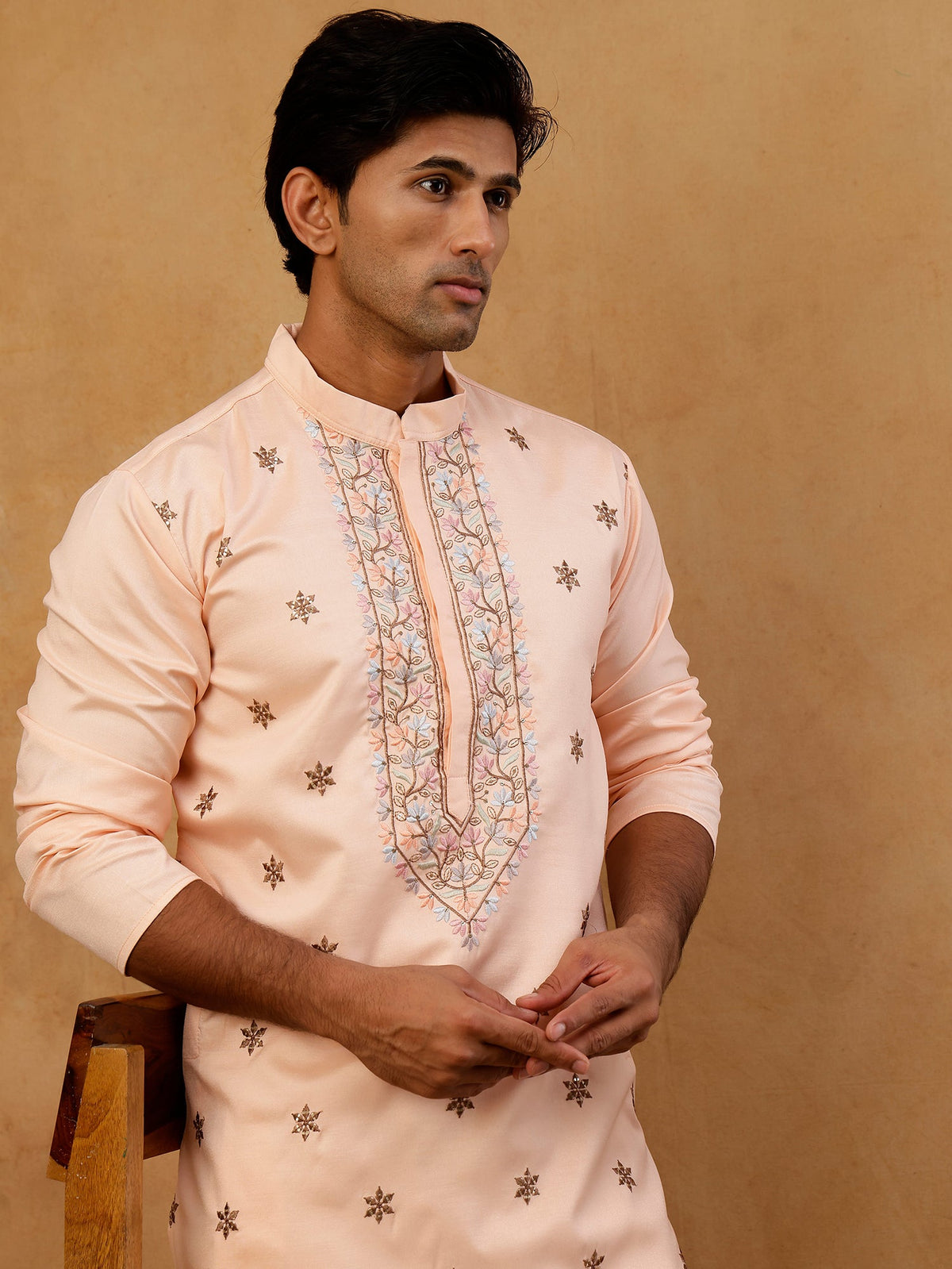 Men Silk Blend Embroidered Kurta with korean Pants ( 65KP PJ11W S 5525 Peach )