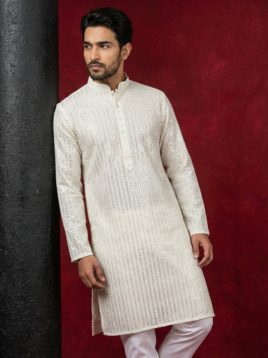 Ivory Sequins Embroidered Kurta Pyjama Set ( 65KP P 5526Cream ) [FF] [B-5]