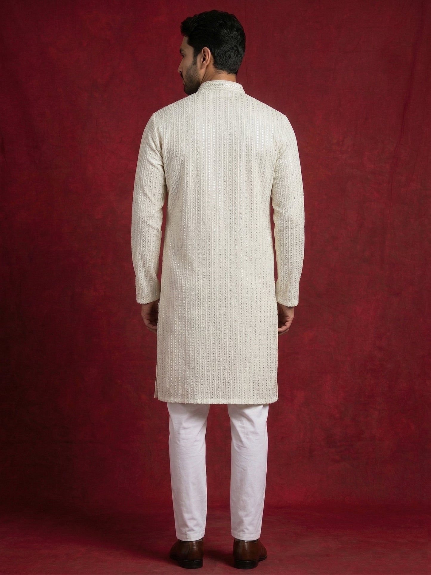 Ivory Sequins Embroidered Kurta Pyjama Set ( 65KP P 5526Cream ) [FF] [B-5]