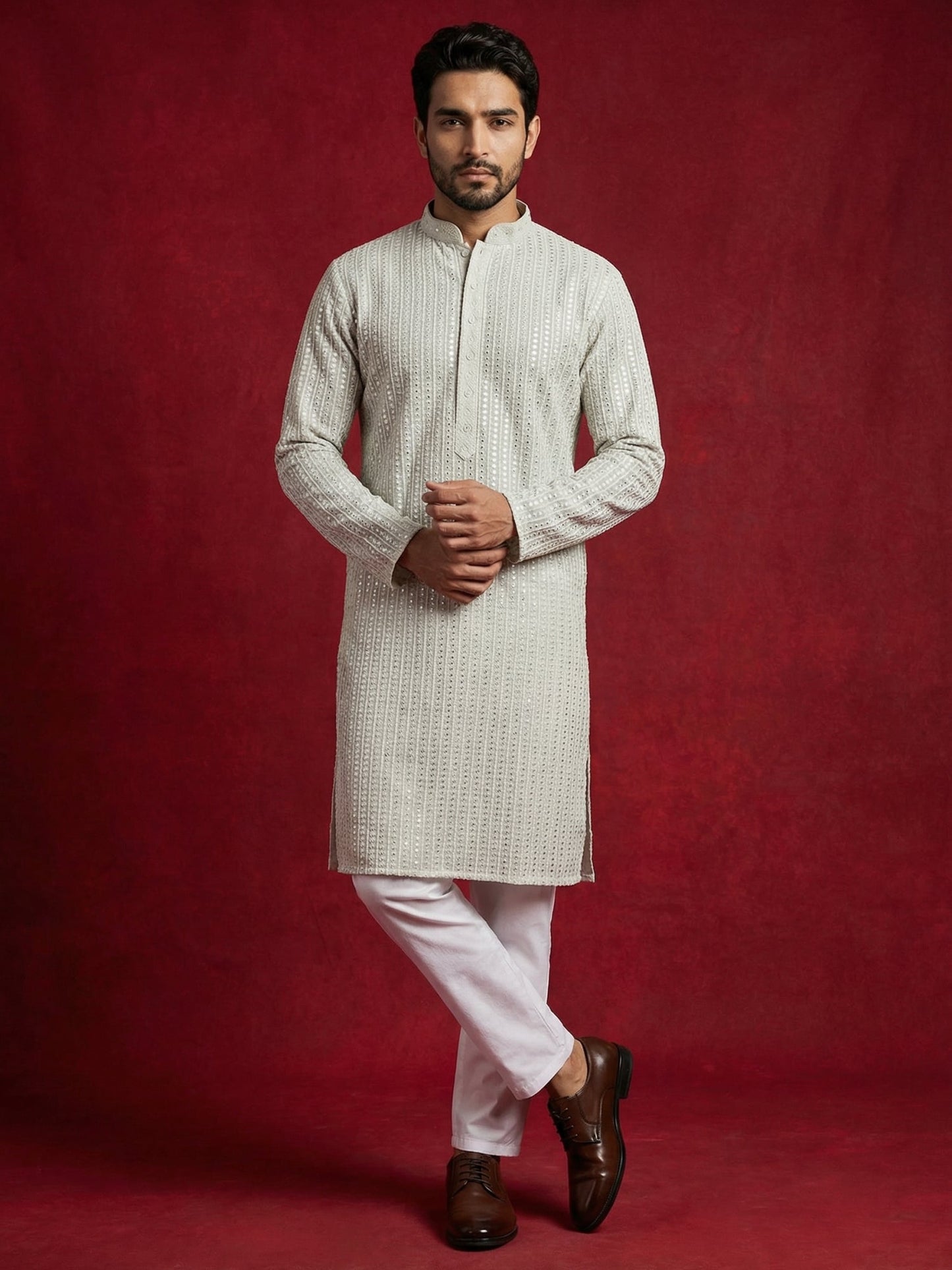 Ivory Sequins Embroidered Kurta Pyjama Set ( 65KP P 5526Cream ) [FF] [B-5]
