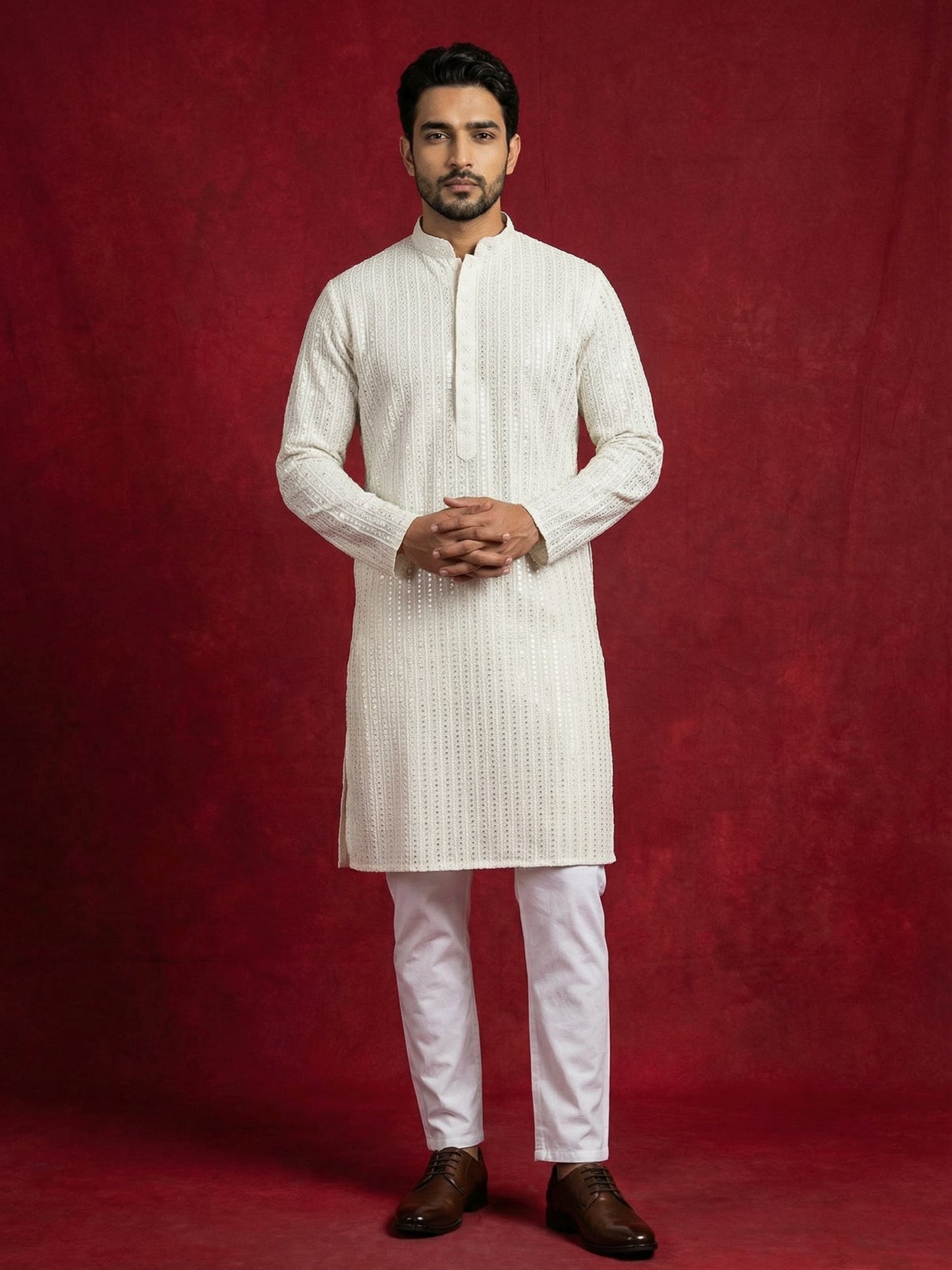 Ivory Sequins Embroidered Kurta Pyjama Set ( 65KP P 5526Cream ) [FF] [B-5]
