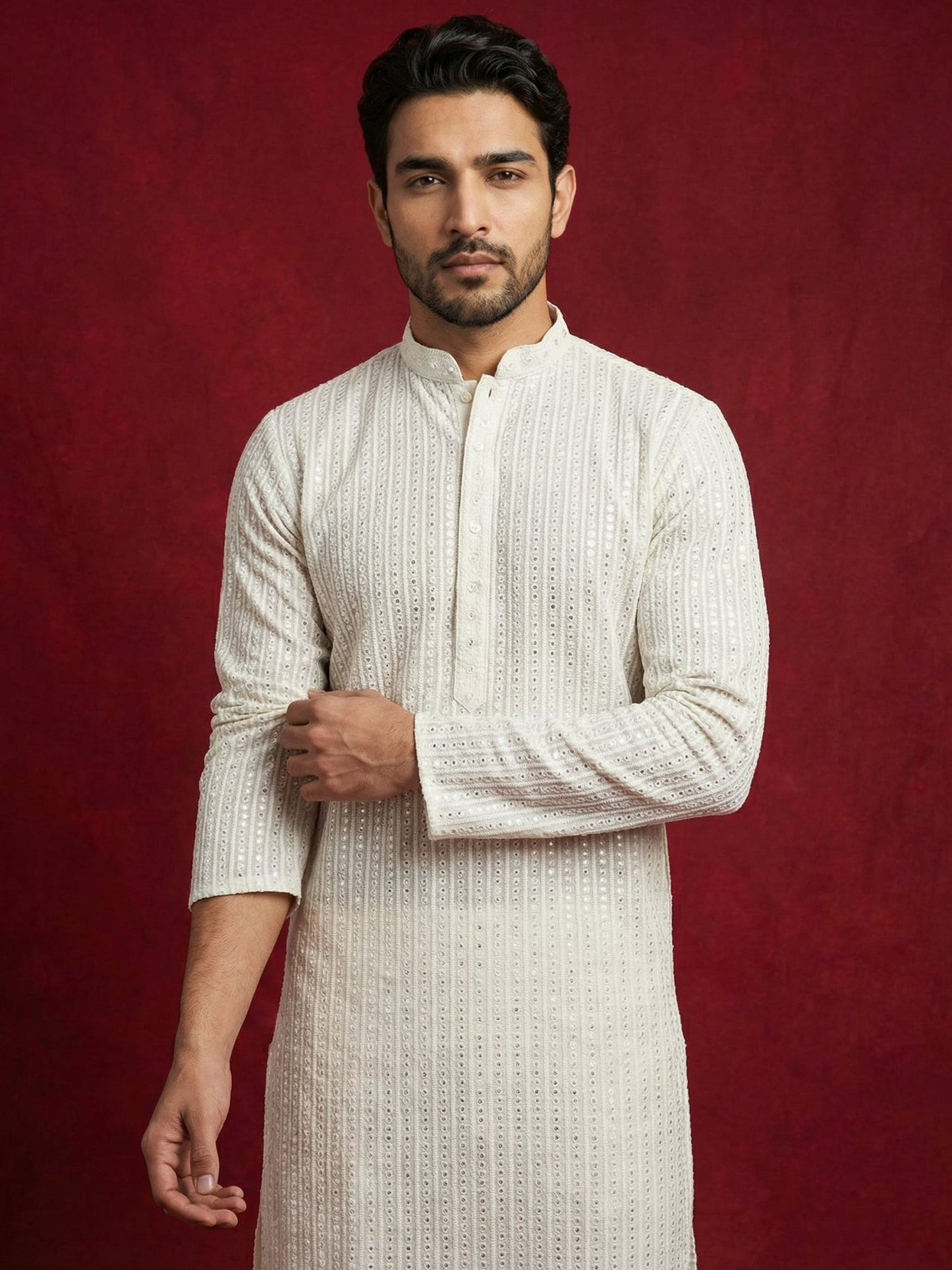 Ivory Sequins Embroidered Kurta Pyjama Set ( 65KP P 5526Cream ) [FF] [B-5]