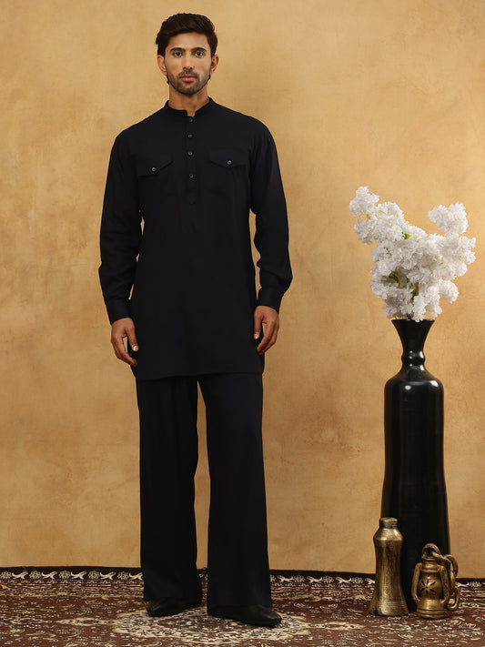 Men’s Ethnic Viscose Rayon Kurta Set with Front Placket ( 65KP 5527Black )