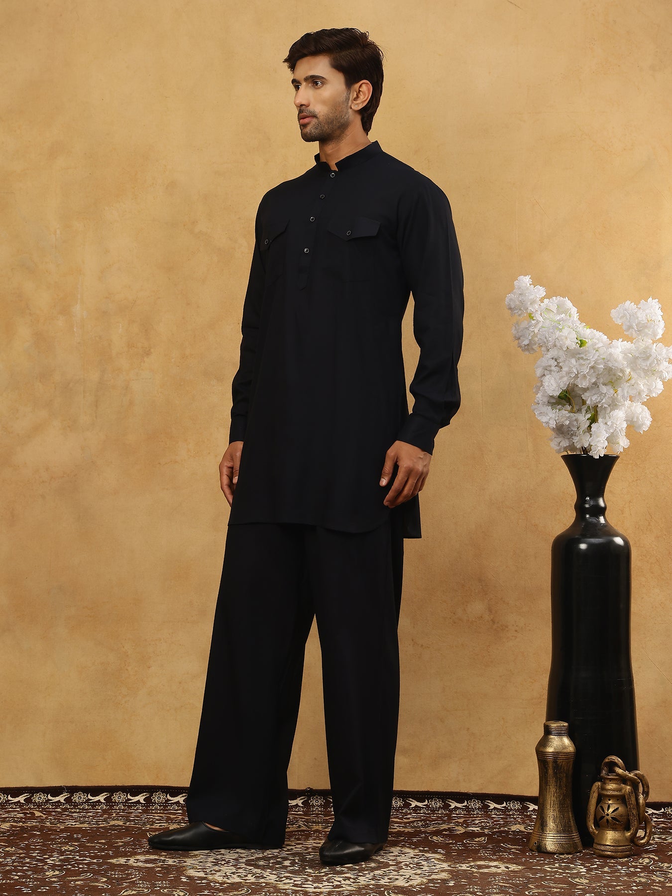 Men’s Ethnic Viscose Rayon Kurta Set with Front Placket ( 65KP 5527Black )