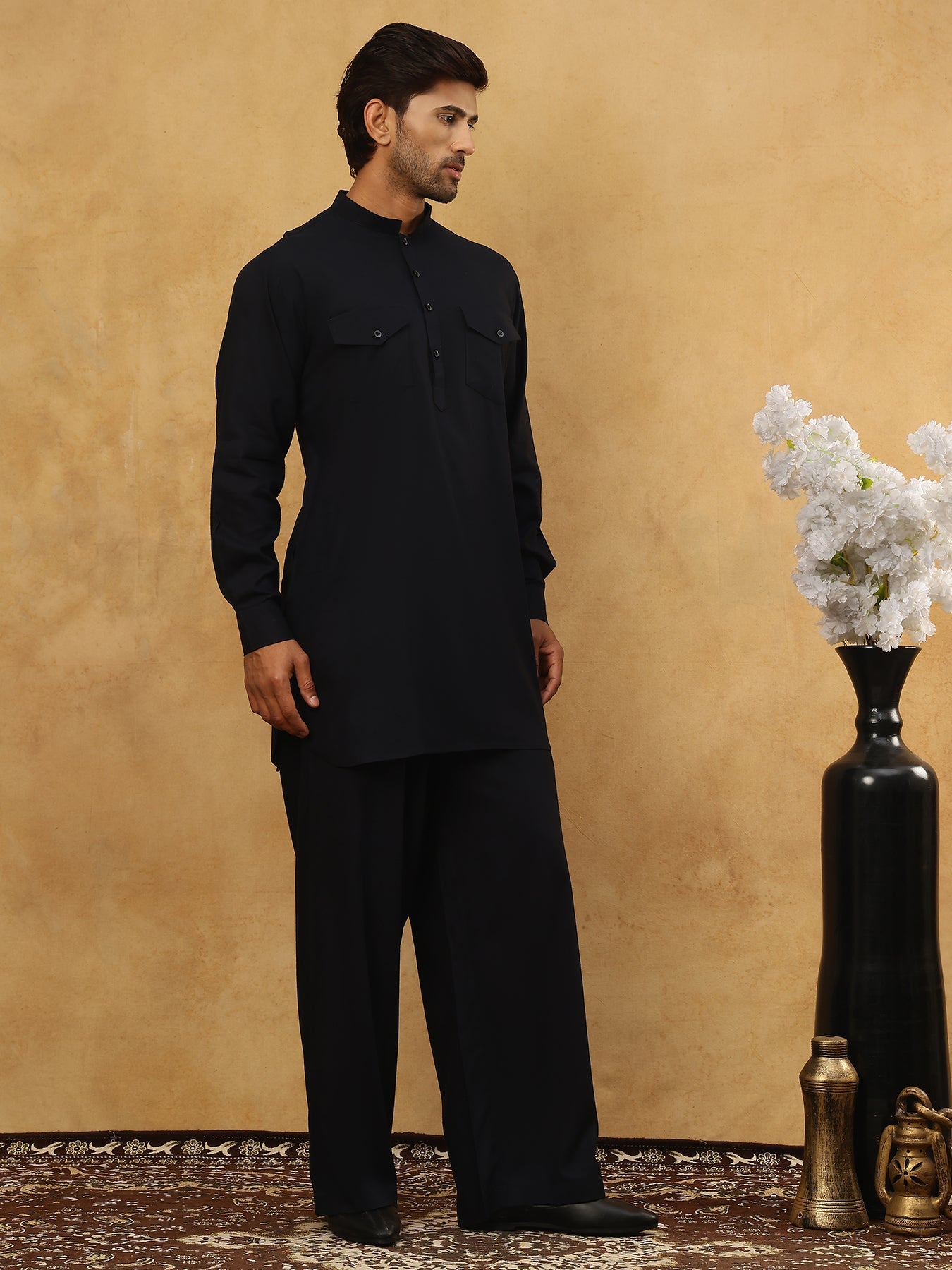 Men’s Ethnic Viscose Rayon Kurta Set with Front Placket ( 65KP 5527Black )