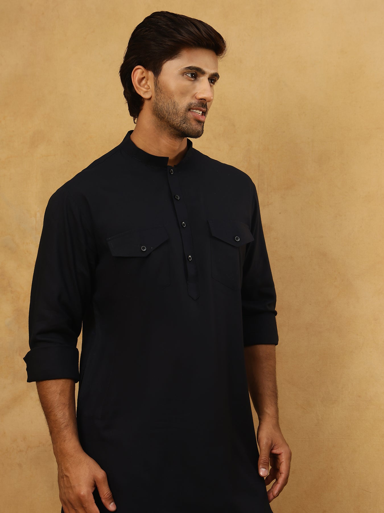 Men’s Ethnic Viscose Rayon Kurta Set with Front Placket ( 65KP 5527Black )