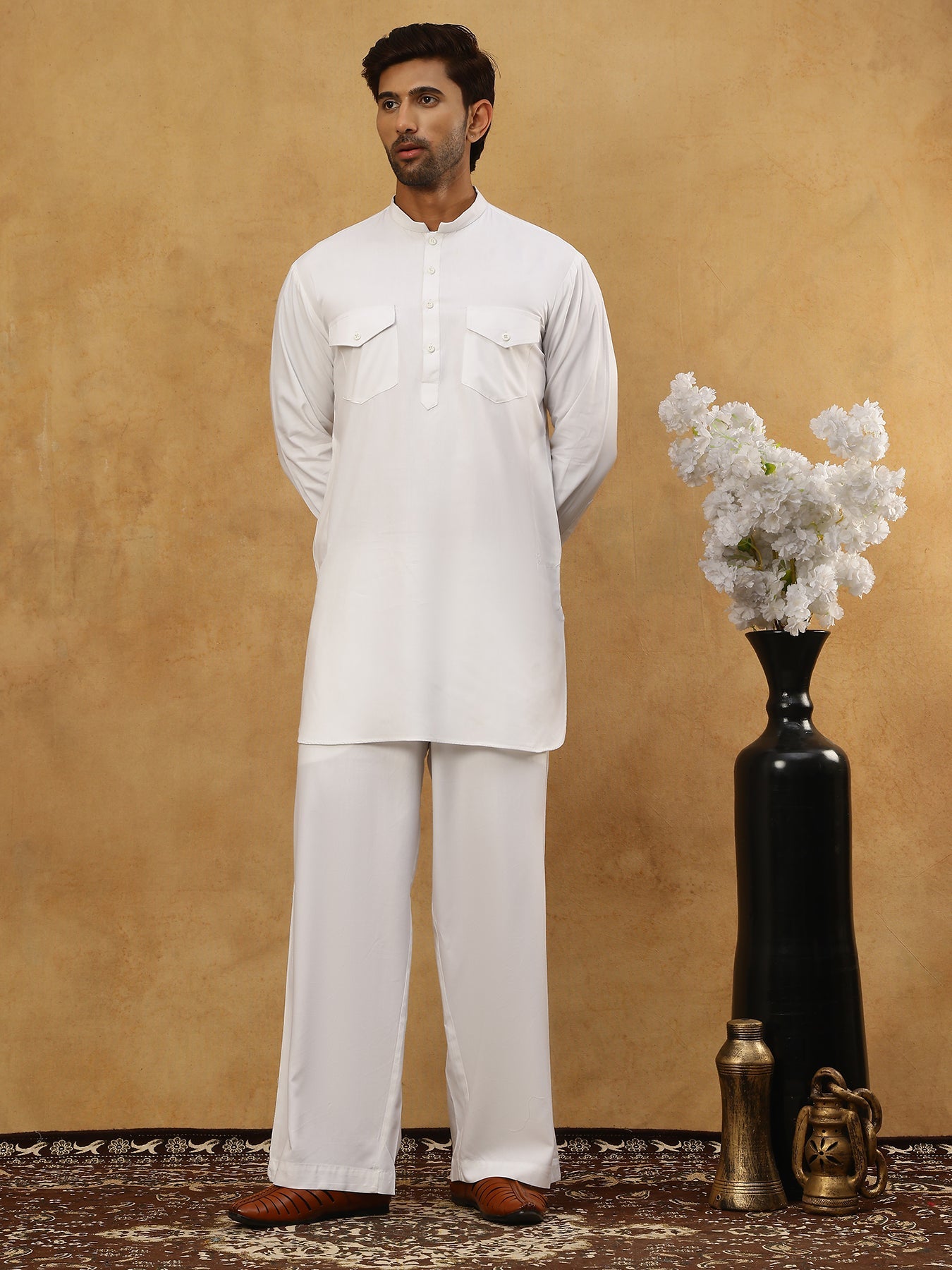 Men’s Ethnic Viscose Rayon Kurta Set with Front Placket ( 65KP 5527White )