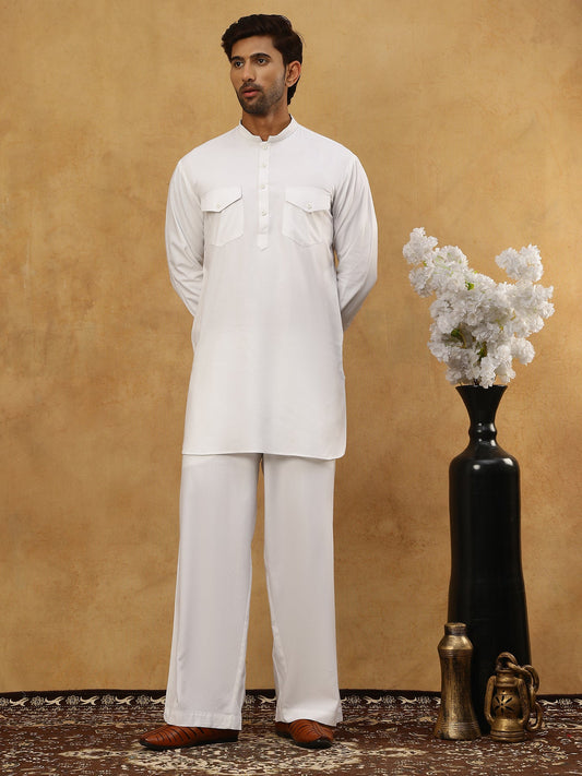 Men’s Ethnic Viscose Rayon Kurta Set with Front Placket ( 65KP 5527White )