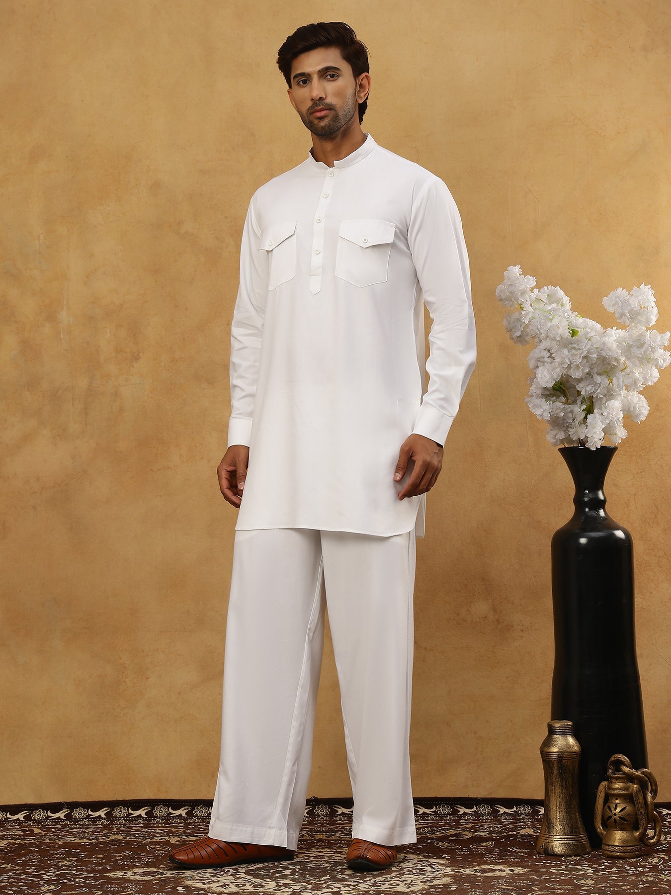Men’s Ethnic Viscose Rayon Kurta Set with Front Placket ( 65KP 5527White )