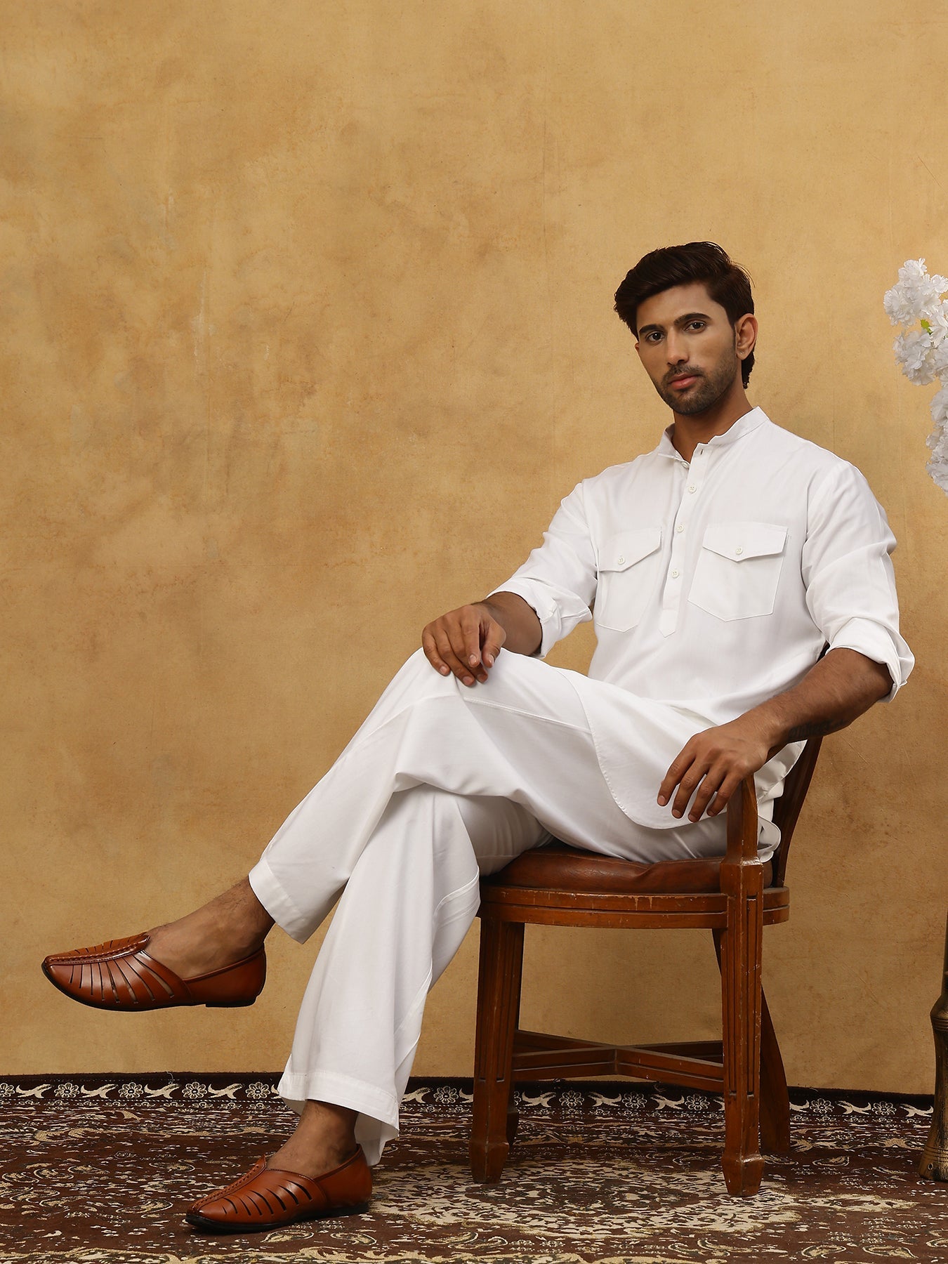 Men’s Ethnic Viscose Rayon Kurta Set with Front Placket ( 65KP 5527White )