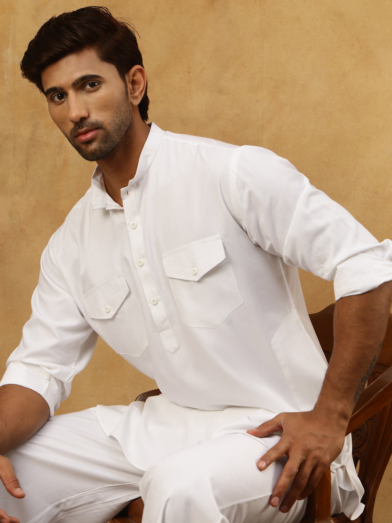Men’s Ethnic Viscose Rayon Kurta Set with Front Placket ( 65KP 5527White )