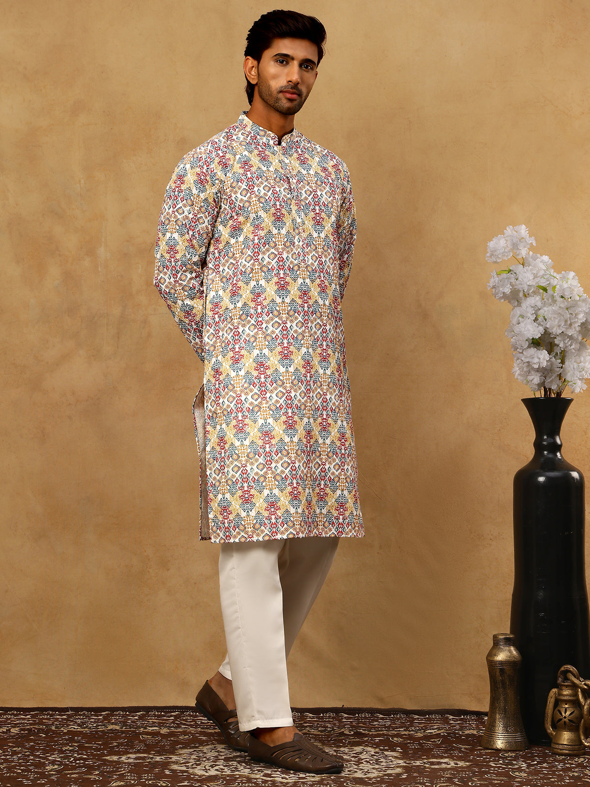 Men’s Printed & Embroidered Kurta Set ( 65KP P 5529Multi )