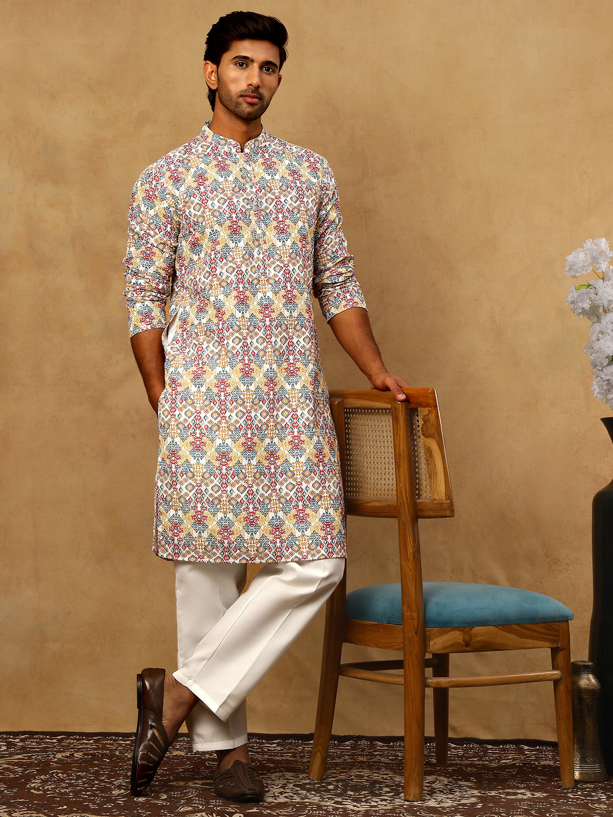 Men’s Printed & Embroidered Kurta Set ( 65KP P 5529Multi )