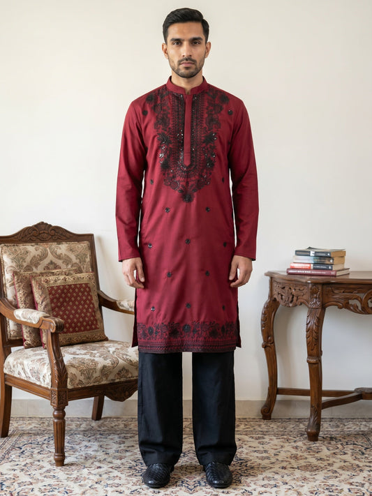 Men’s Classic Silk Blend Kurta & Korean Pants with Rich Embroidery