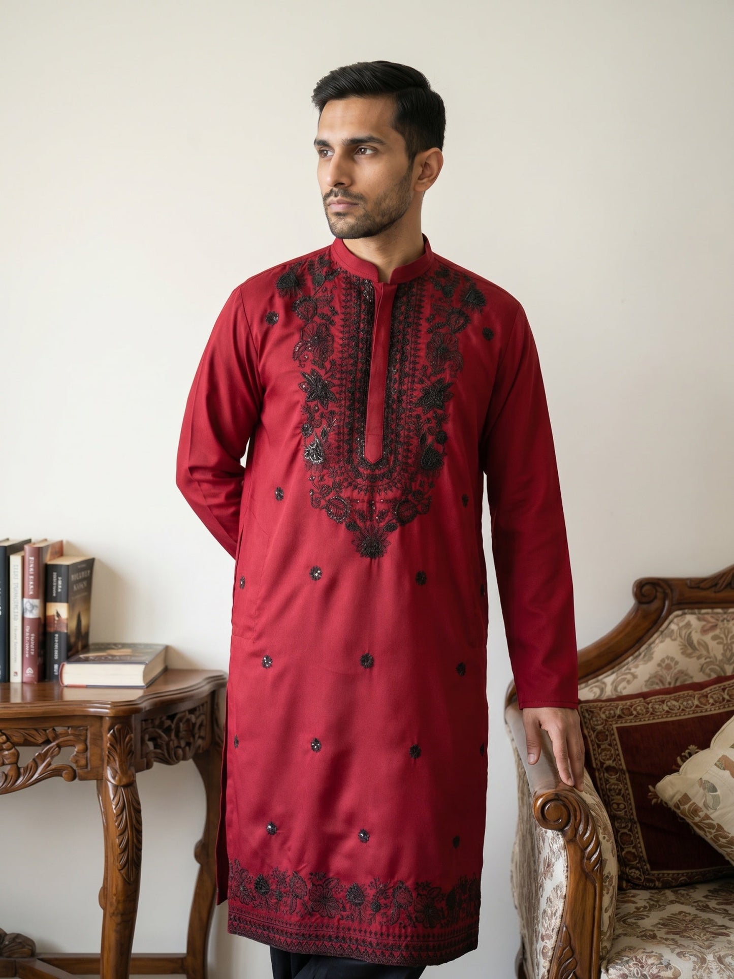 Men’s Classic Silk Blend Kurta & Korean Pants with Rich Embroidery