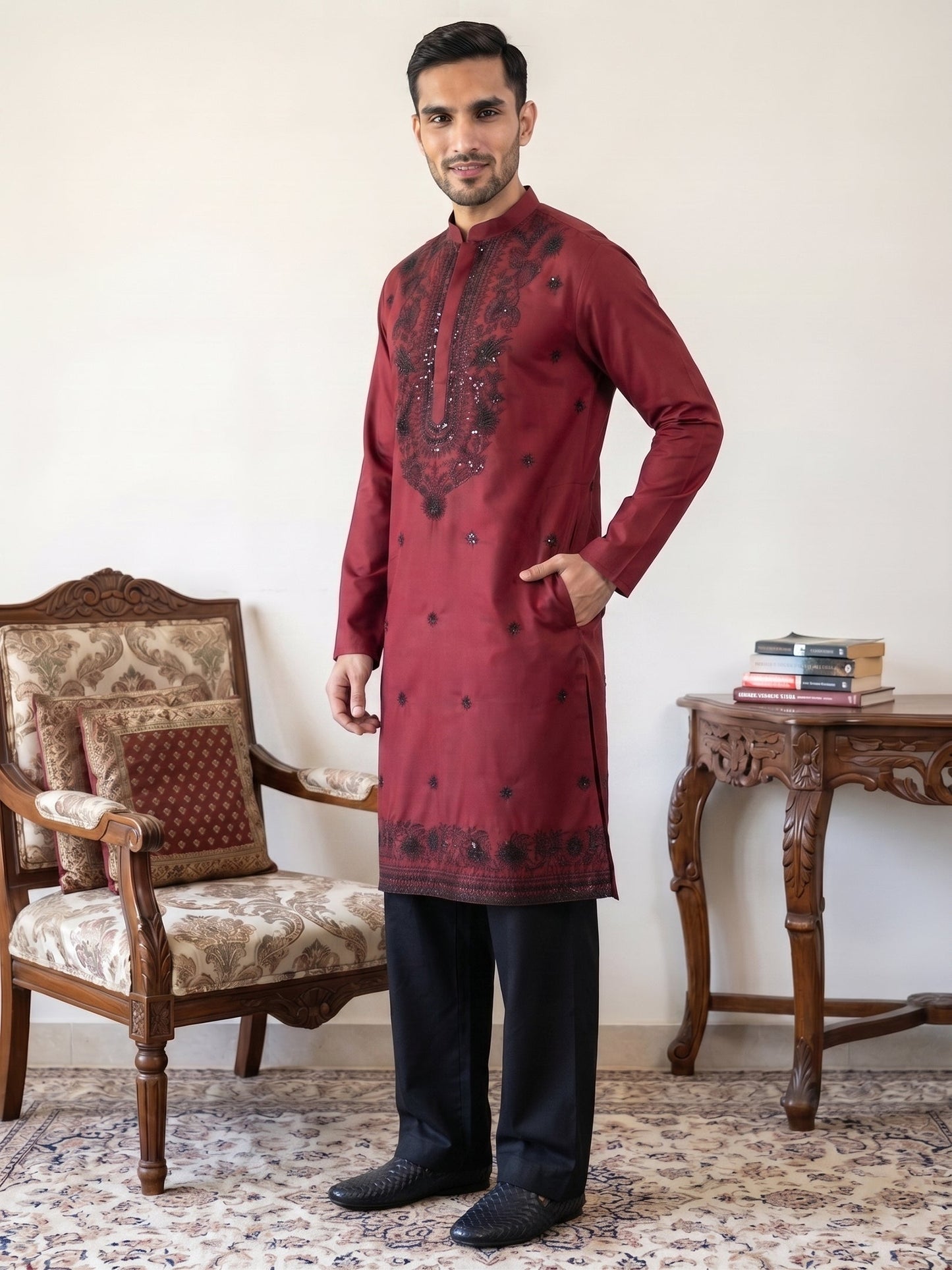 Men’s Classic Silk Blend Kurta & Korean Pants with Rich Embroidery