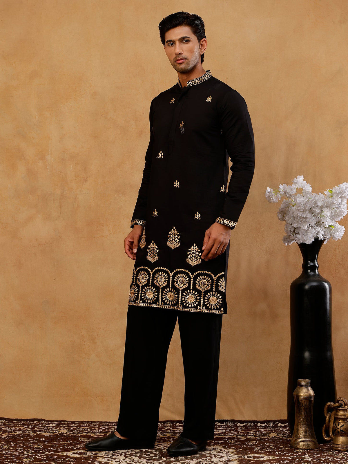 Classic Kurta & Korean Pants with Rich Hemline Embroidery ( 65KP PJ11B K 5531 Black )