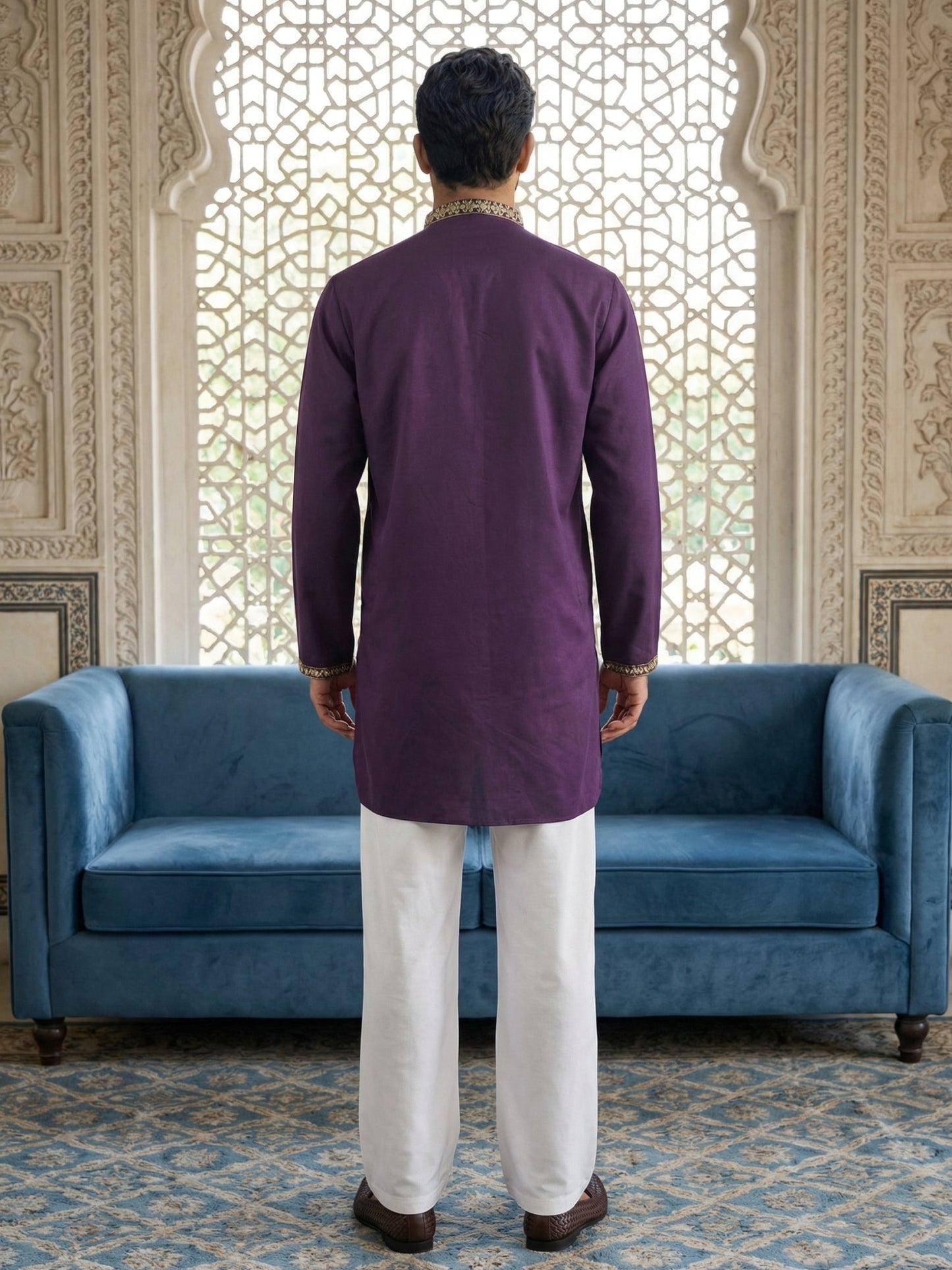 Men’s Classic Kurta Set with Rich Hemline Embroidery ( 65KP P 5531Purple )