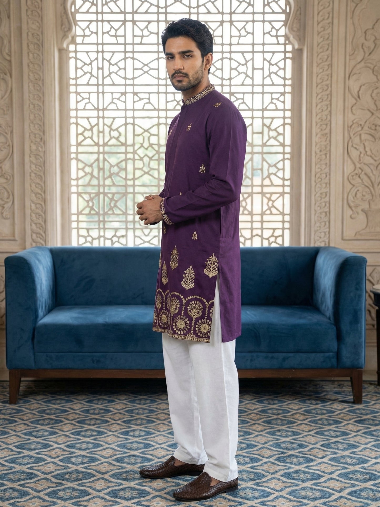 Men’s Classic Kurta Set with Rich Hemline Embroidery ( 65KP P 5531Purple )
