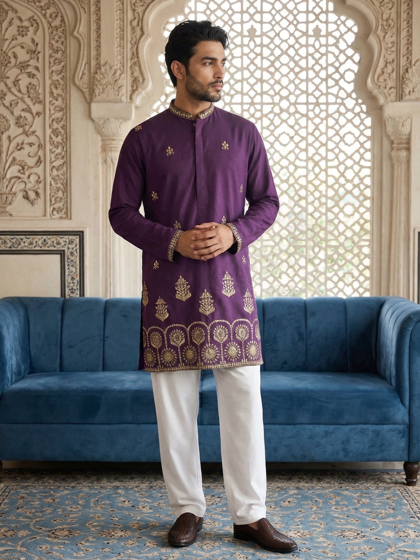Men’s Classic Kurta Set with Rich Hemline Embroidery ( 65KP P 5531Purple )