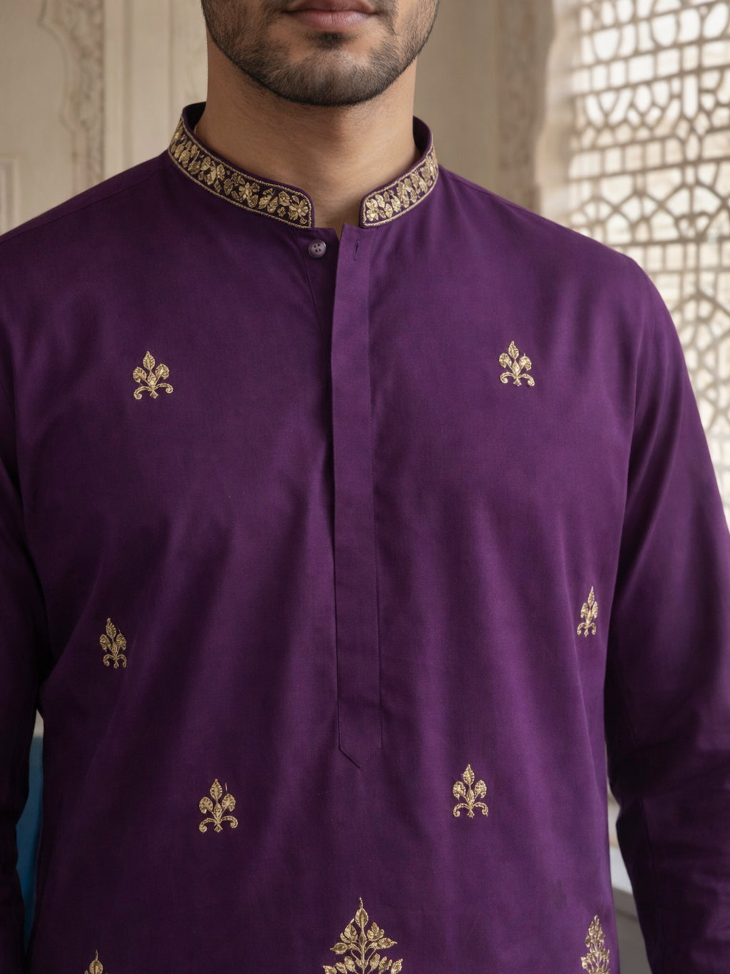 Men’s Classic Kurta Set with Rich Hemline Embroidery ( 65KP P 5531Purple )