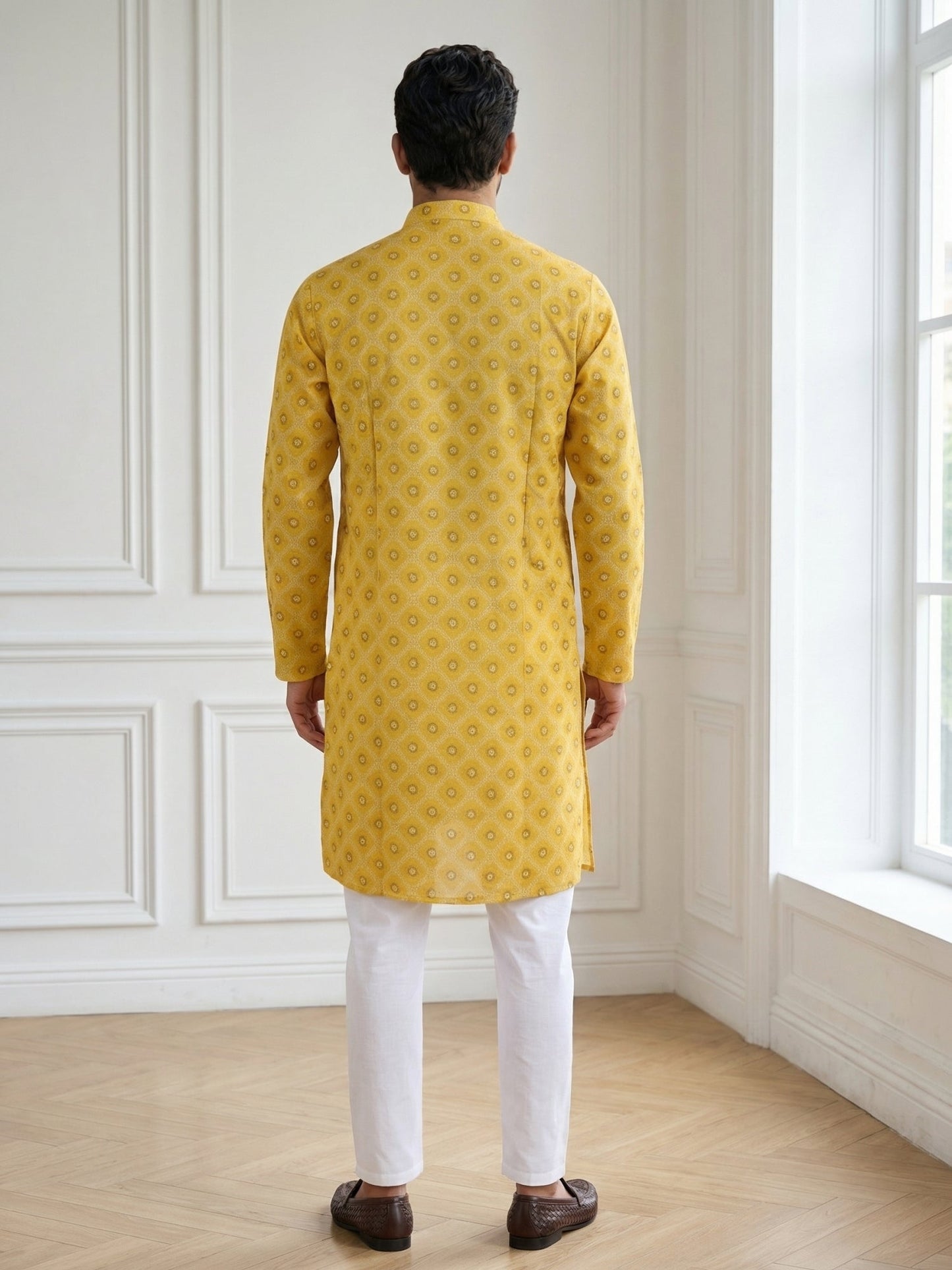 Men’s Printed Cotton Blend Kurta Set ( 65KP P 5532Yellow )