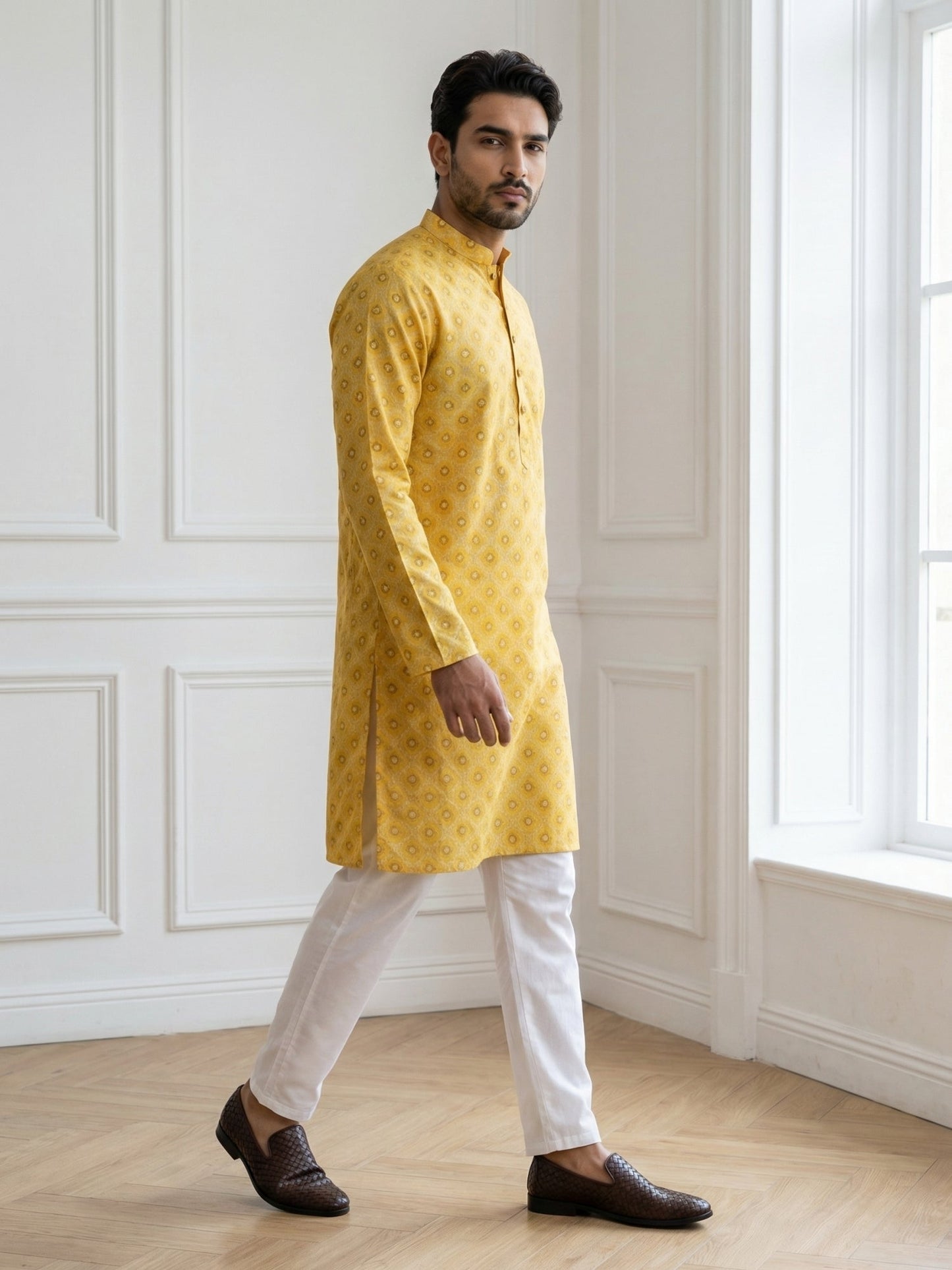 Men’s Printed Cotton Blend Kurta Set ( 65KP P 5532Yellow )