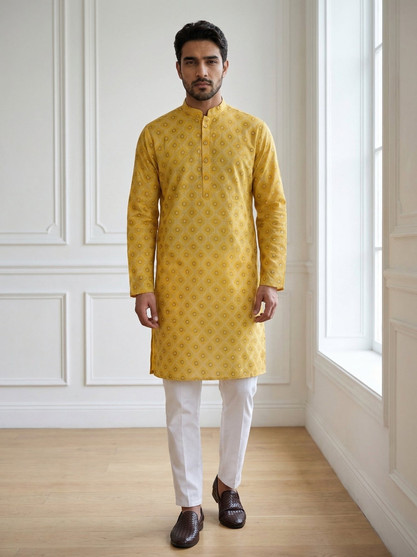 Men’s Printed Cotton Blend Kurta Set ( 65KP P 5532Yellow )