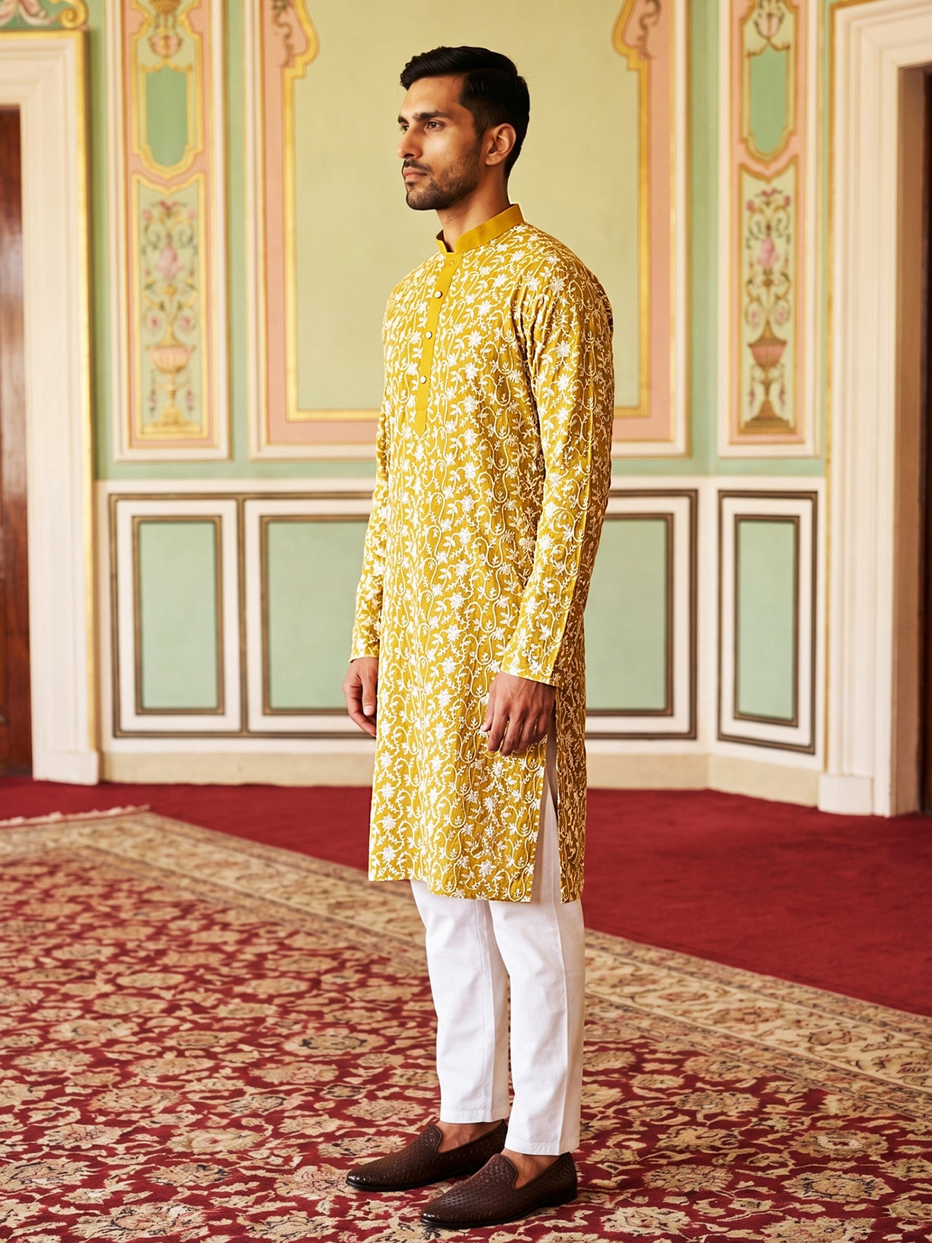 Floral Embroidered Viscose Rayon Kurta Set ( 65KP P 5533Mustard )