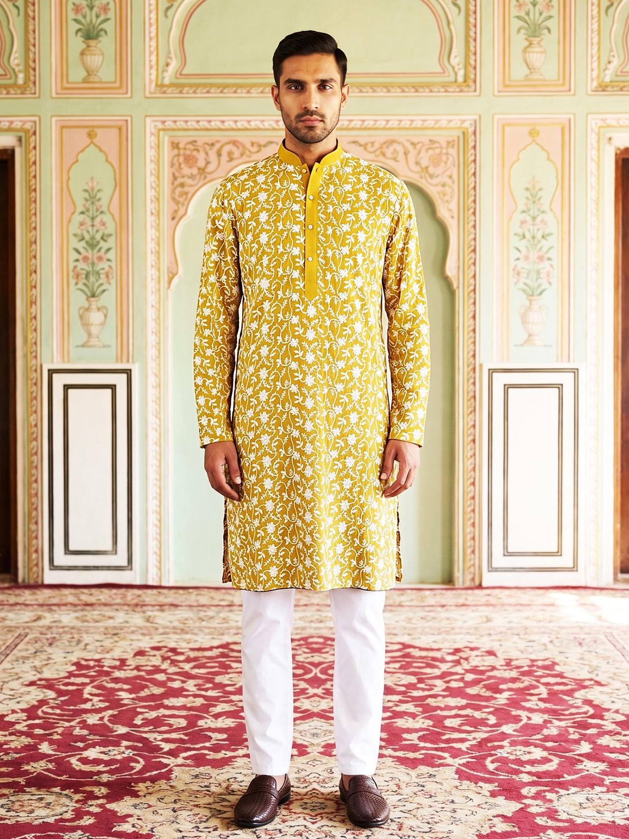 Floral Embroidered Viscose Rayon Kurta Set ( 65KP P 5533Mustard )
