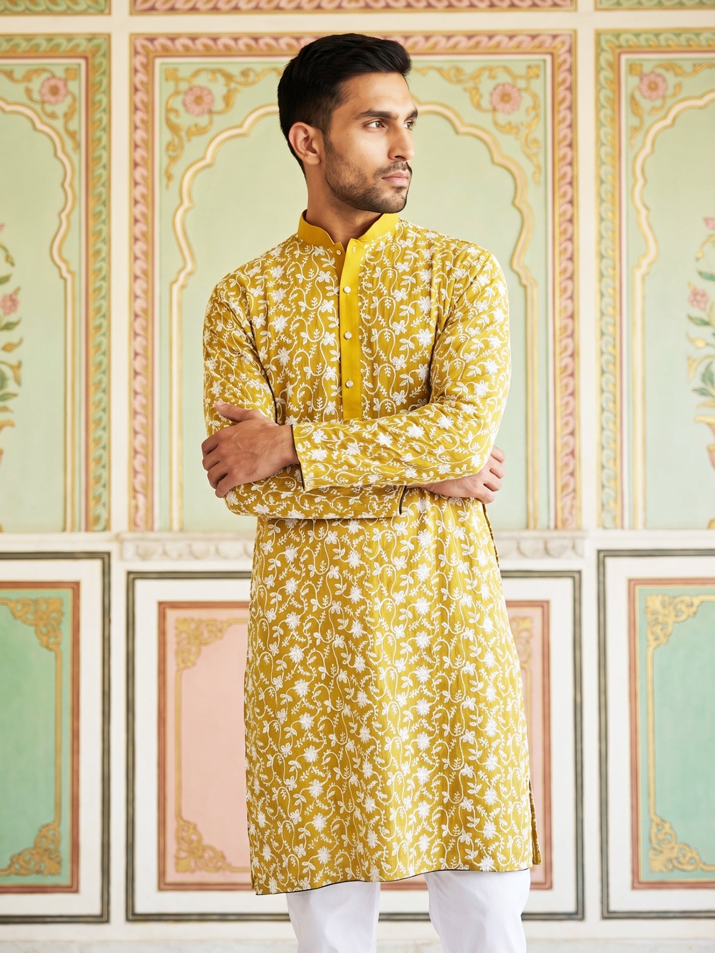 Floral Embroidered Viscose Rayon Kurta Set ( 65KP P 5533Mustard )