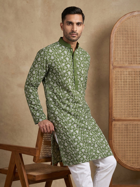 Floral Embroidered Viscose Rayon Kurta Set ( 65KP P 5533Olive )