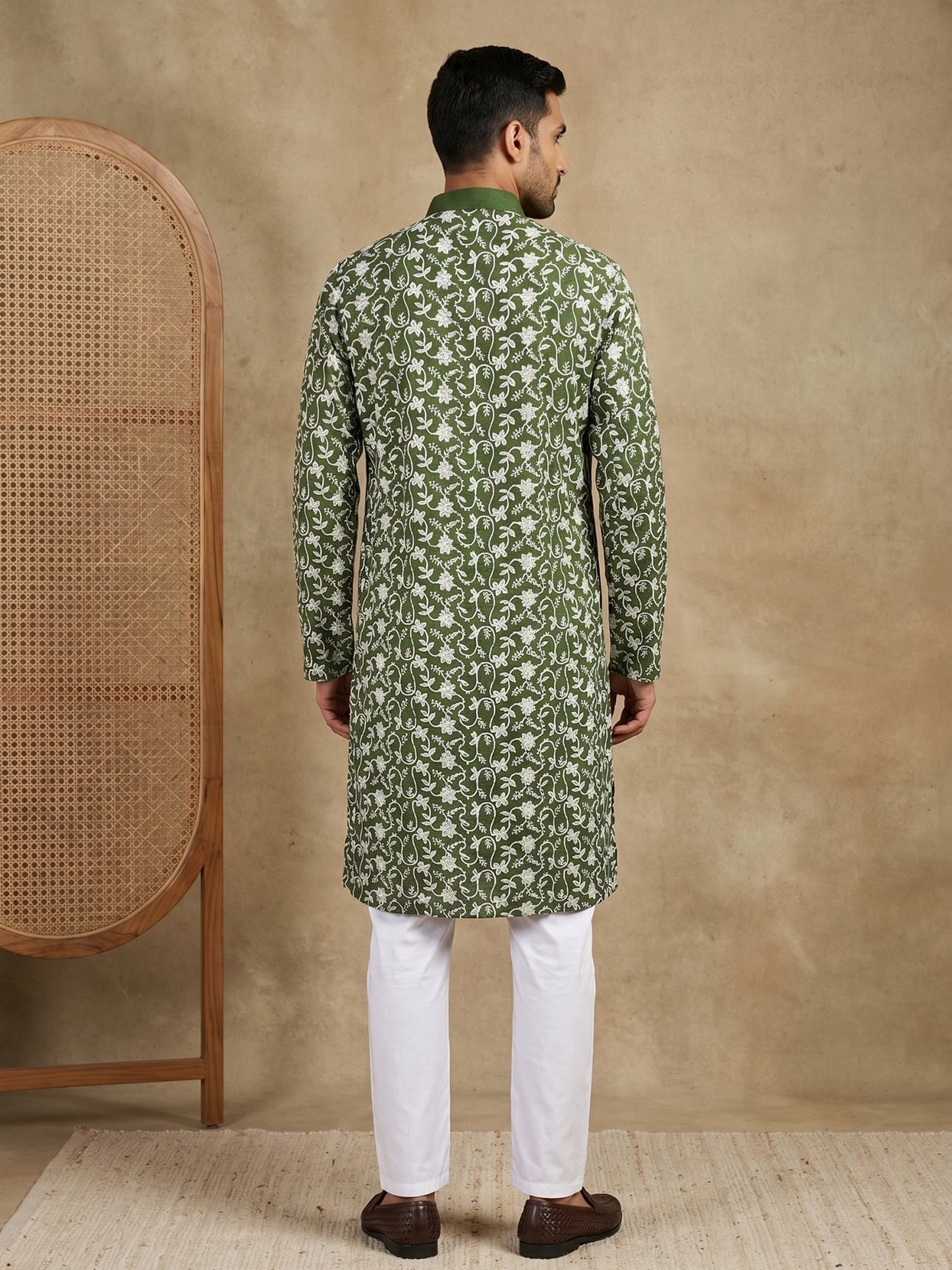 Floral Embroidered Viscose Rayon Kurta Set ( 65KP P 5533Olive )