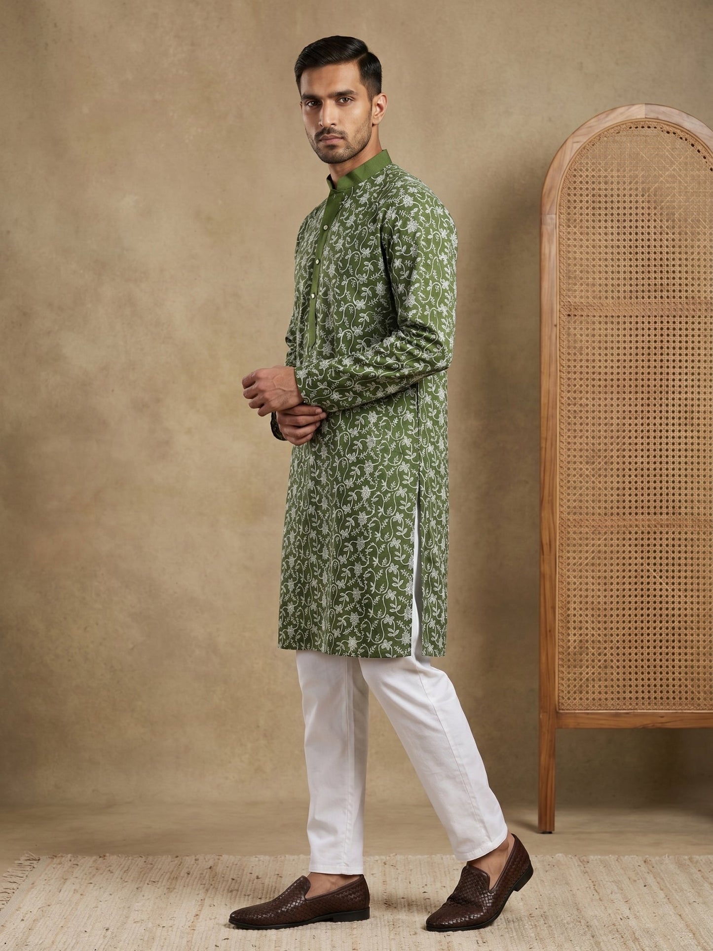 Floral Embroidered Viscose Rayon Kurta Set ( 65KP P 5533Olive )